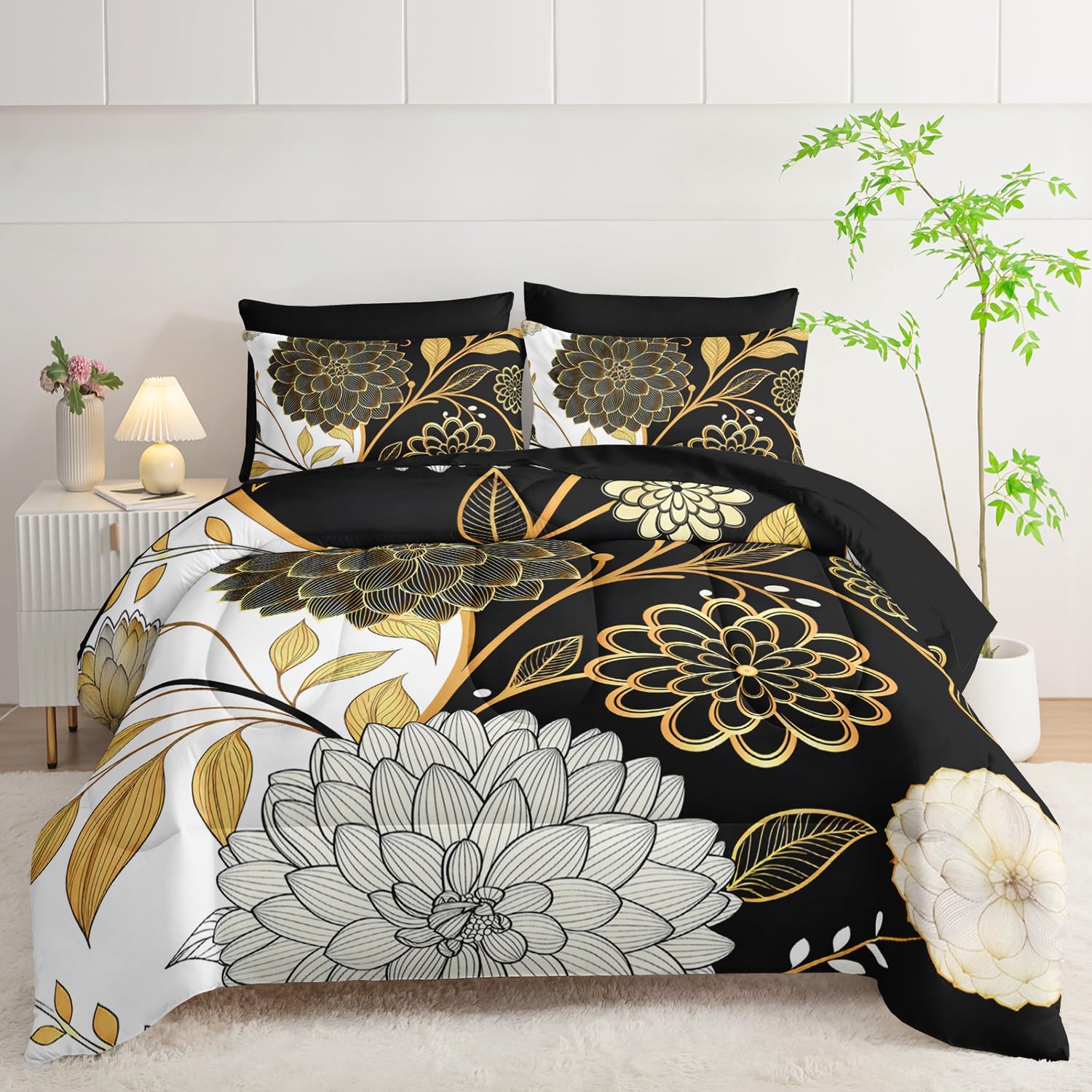 7pc Queen Comforter Set: Black & Gold Floral Bed in a Bag, Elegant Bedding with Sheets, Soft Microfiber, All Season Flower Design