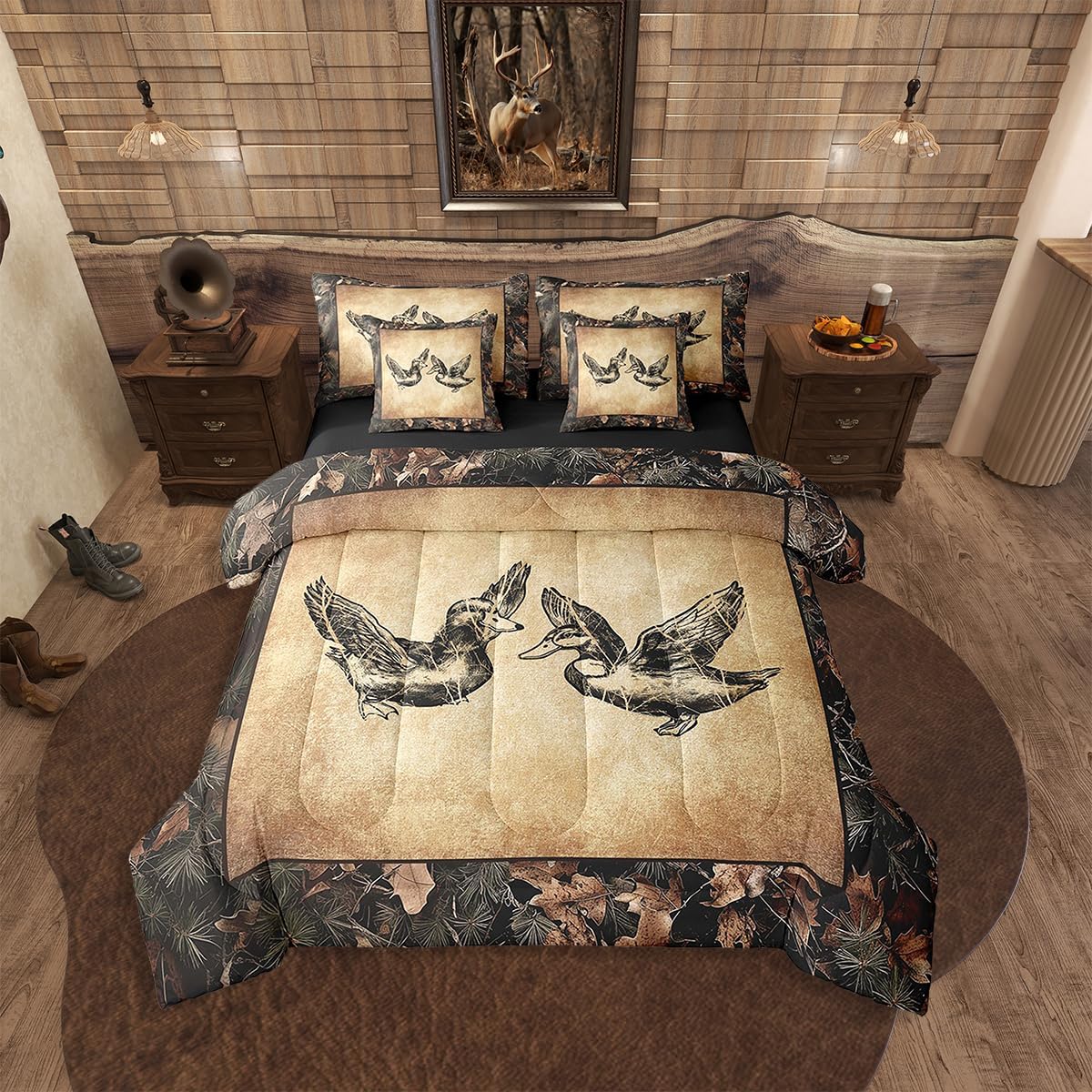 Erosebridal 7 Piece Camo Mallard Duck Comforter Set with Sheets for Kids Boys Men Rustic Farmhouse Cabin Bed in A Bag Queen,Hunting Woodland Duck Bedding Set Country Wood Board Animal Bed Set