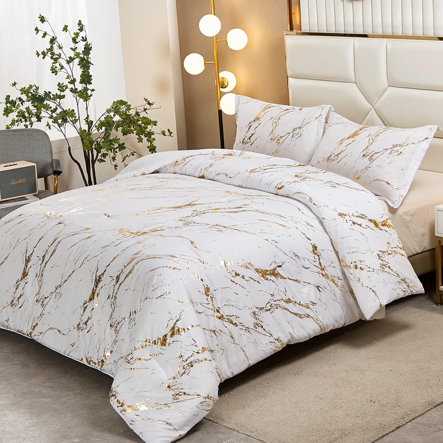 WONGS BEDDING White Gold Metallic Marble Comforter Set Queen Foil Print Glitter Bedding Sets with 2 Pillowcases for All Seasons, Soft Microfiber Filling Bedding Duvet Set 90"x90"