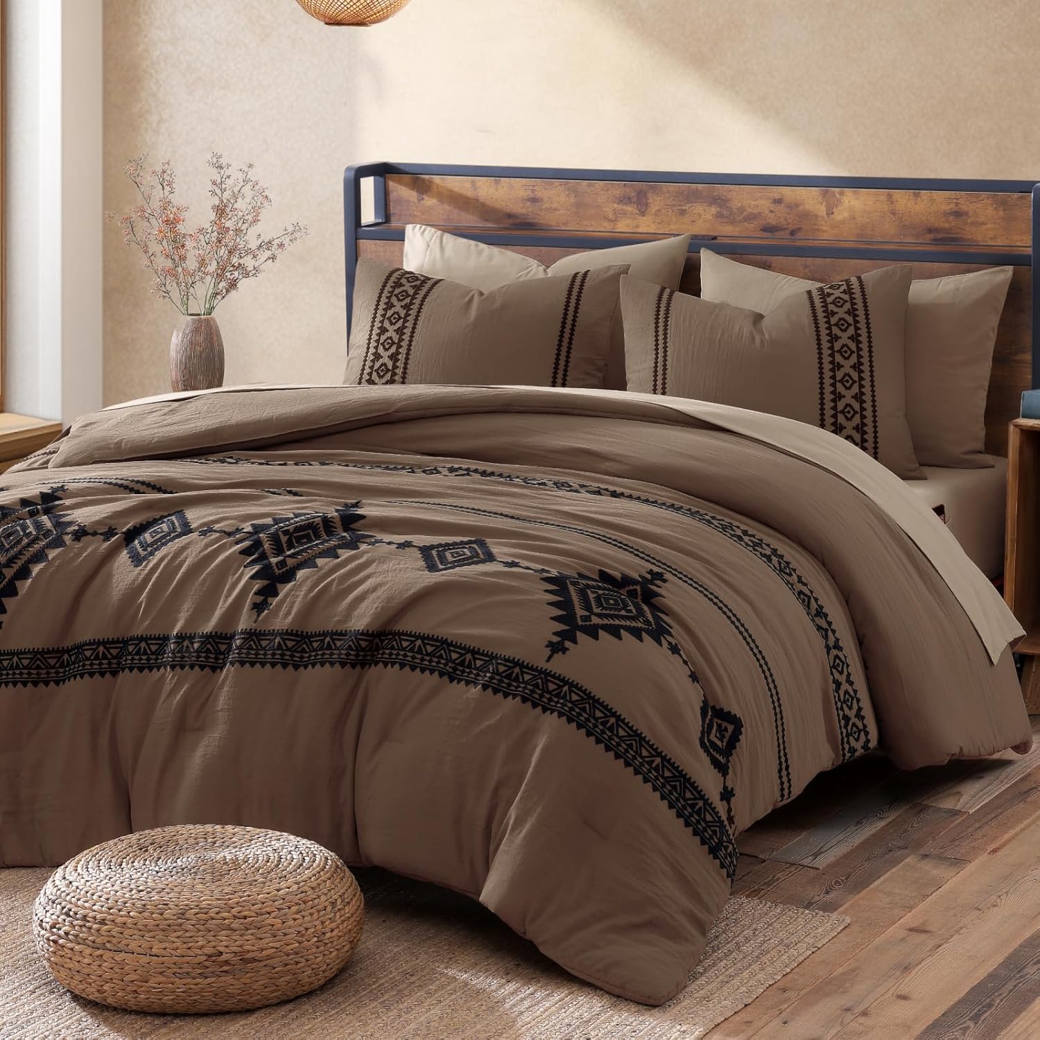 MaiRêve Burnt Orange Embroidery Comforters Set Queen Size - 7 Pieces, Farmhouse Western Bedding All Season, Bed in A Bag Queen Boho Comforter Set with Sheets, Pillowcases & Shams