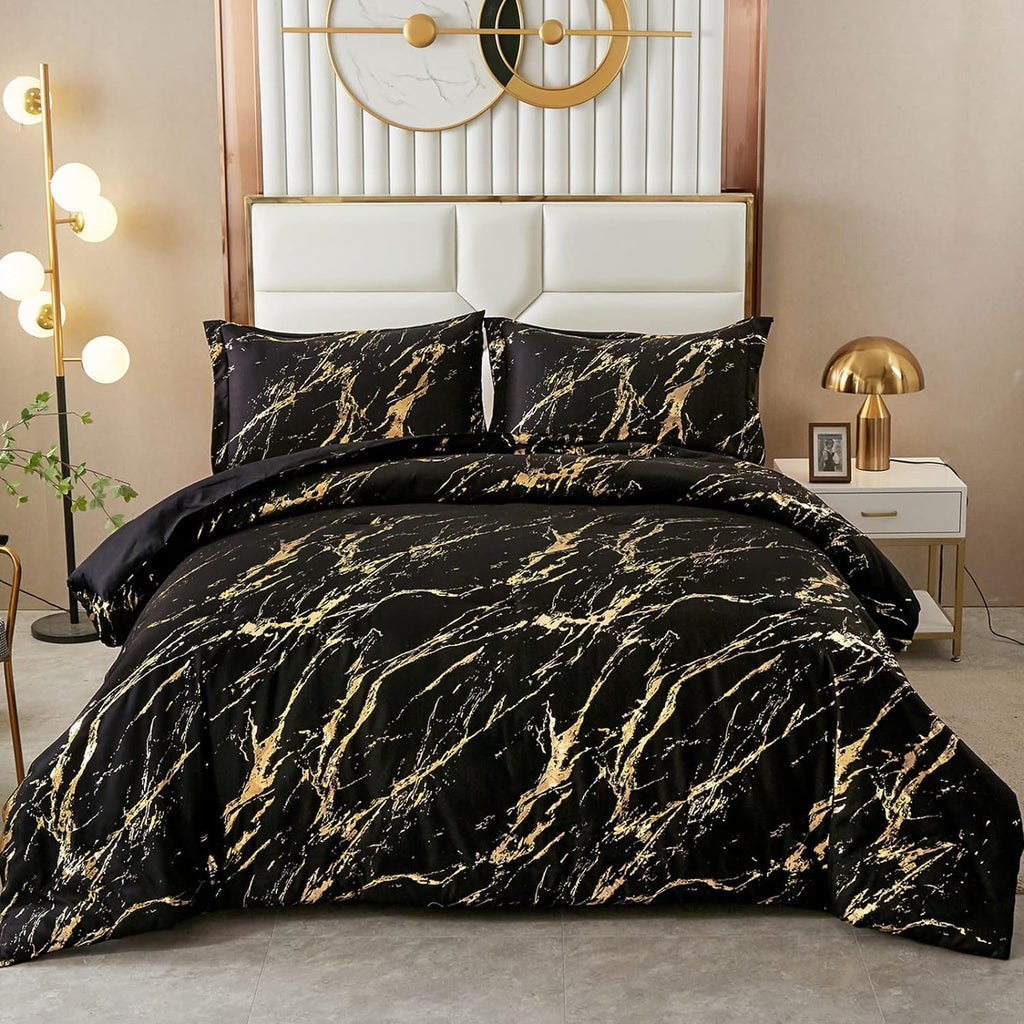 WONGS BEDDING White Gold Metallic Marble Comforter Set Queen Foil Print Glitter Bedding Sets with 2 Pillowcases for All Seasons, Soft Microfiber Filling Bedding Duvet Set 90"x90"