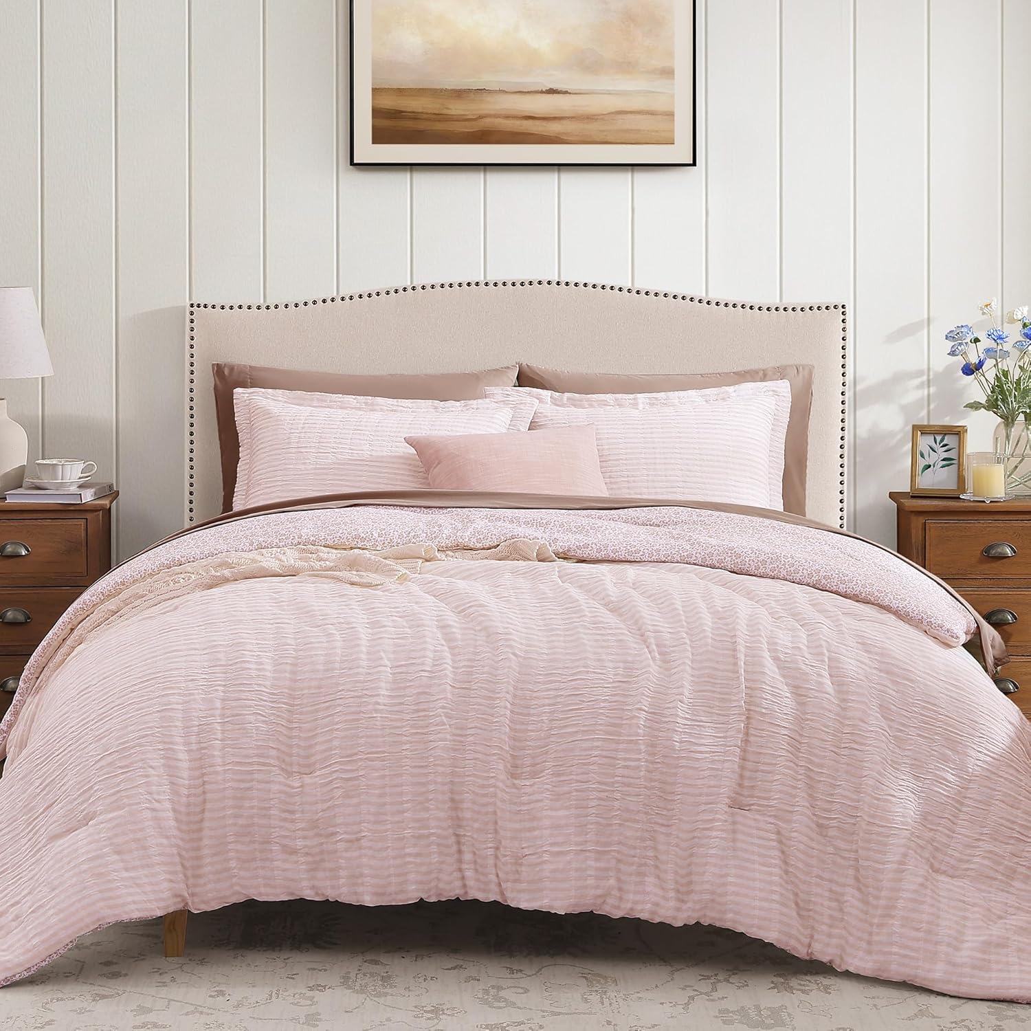 Queen Comforter Set - 7 Pieces Blue Gauze Muslin Bedding Sets for All Seasons, Lightweight Breathable Bed in a Bag Queen with Revesible Farmhouse Comforter, Sheets, Pillowcases & Shams