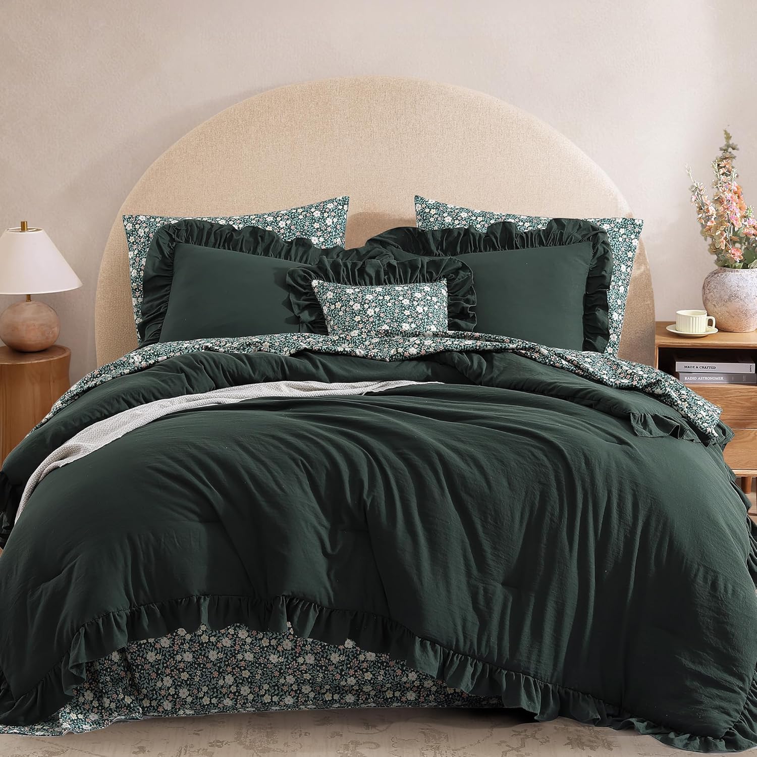 Queen Comforter Set - 7 Pieces Ruffle Sage Green Bedding Sets, Shabby Chic Farmhouse Bed in a Bag Queen with Ruffle Comforter, Floral Sheets, Pillowcases & Shams