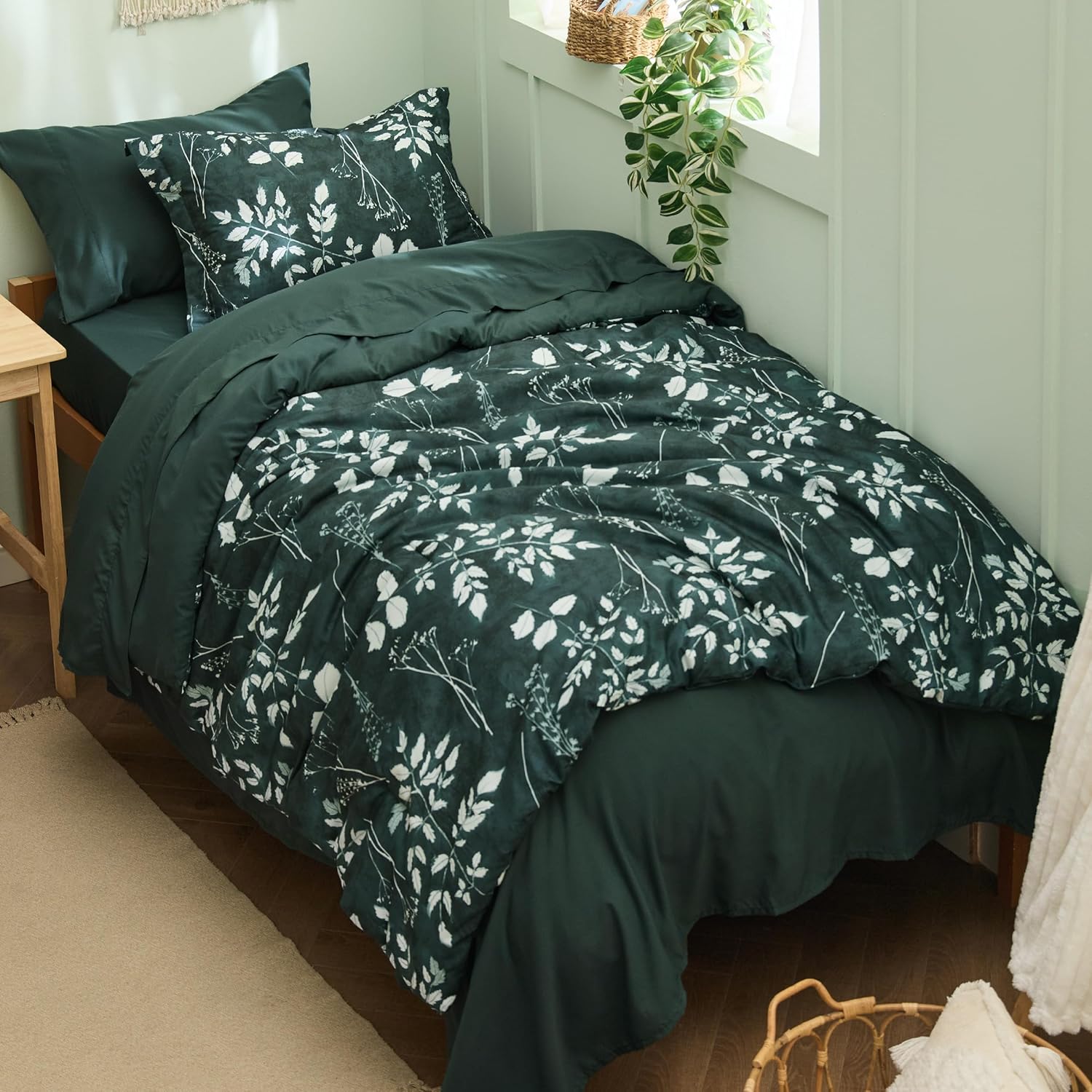 Bedsure Queen Comforter Set - 7 Pieces Floral Sage Green Soft Bedding Sets, Queen Bed in a Bag with Botanical Flowers Comforter, Sheets, Pillowcases & Shams