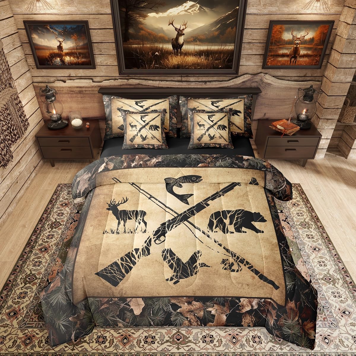 Erosebridal 7 Piece Camo Mallard Duck Comforter Set with Sheets for Kids Boys Men Rustic Farmhouse Cabin Bed in A Bag Queen,Hunting Woodland Duck Bedding Set Country Wood Board Animal Bed Set