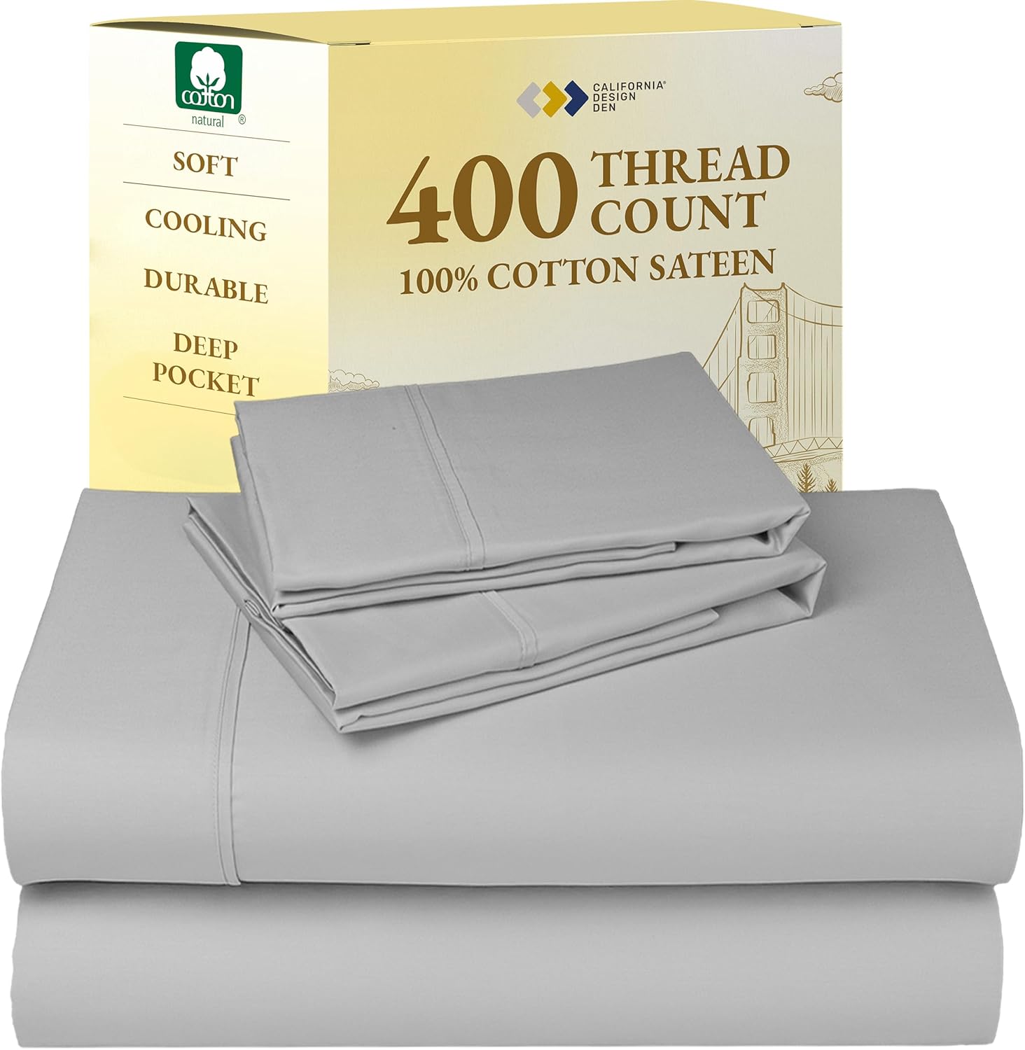 California Design Den King Size Sheets Set - Soft 400 Thread Count Sateen, Natural 100% Cotton Sheets King Size, Deep Pockets with All Around Elastic for a Snug Fit, Cool & Durable Bedding - White