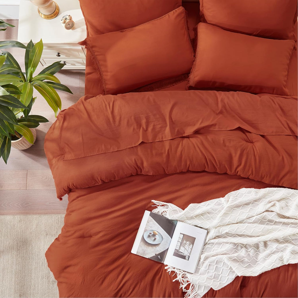 Andency Queen Comforter Set with Sheets Burnt Orange - 7 Pieces Boho Tassel Bed in a Bag Soft Lightweight Bedding Sets, Terracotta Rust Fringe Bed Set with Comforter, Sheets, Pillowcases & Shams