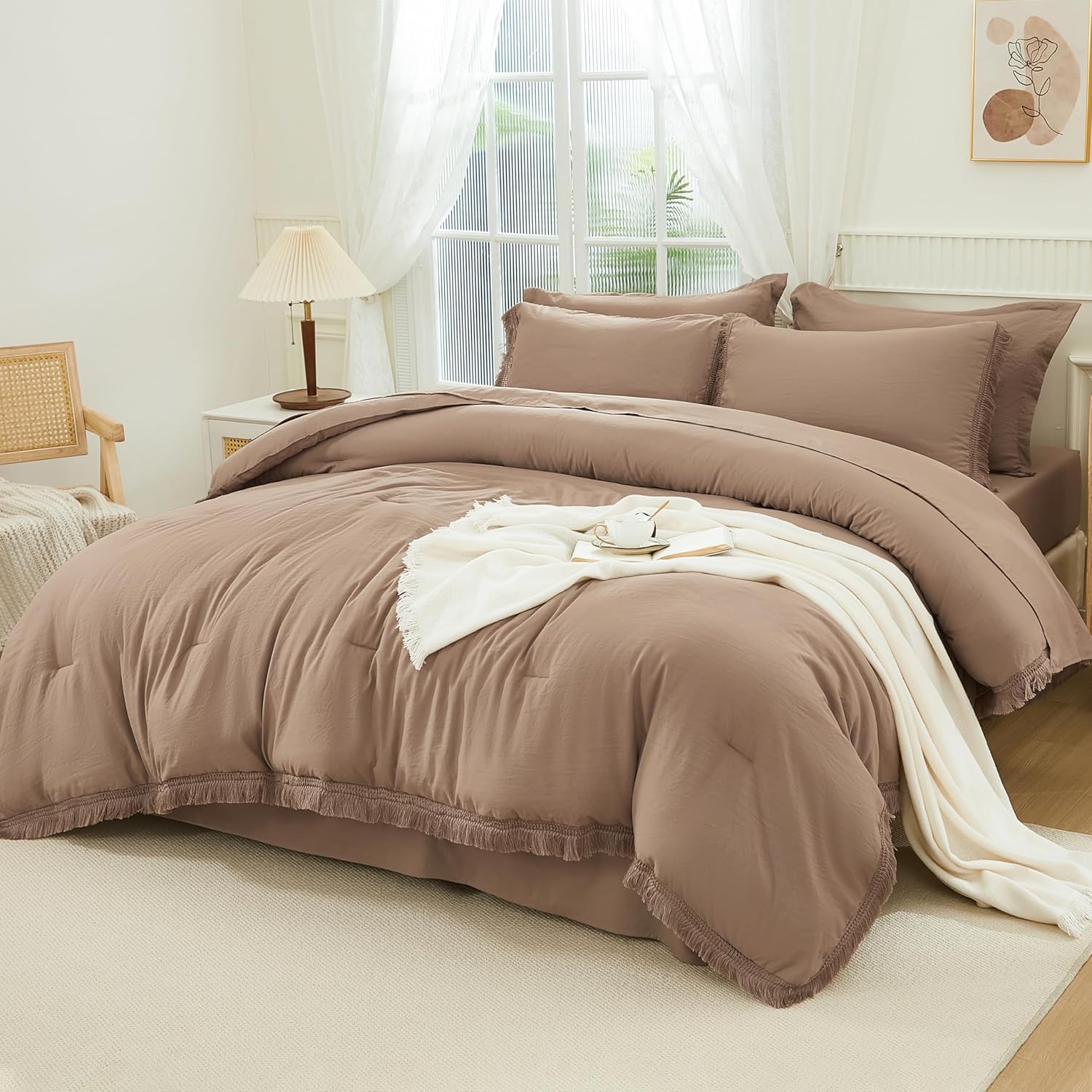 Andency Queen Comforter Set with Sheets Burnt Orange - 7 Pieces Boho Tassel Bed in a Bag Soft Lightweight Bedding Sets, Terracotta Rust Fringe Bed Set with Comforter, Sheets, Pillowcases & Shams