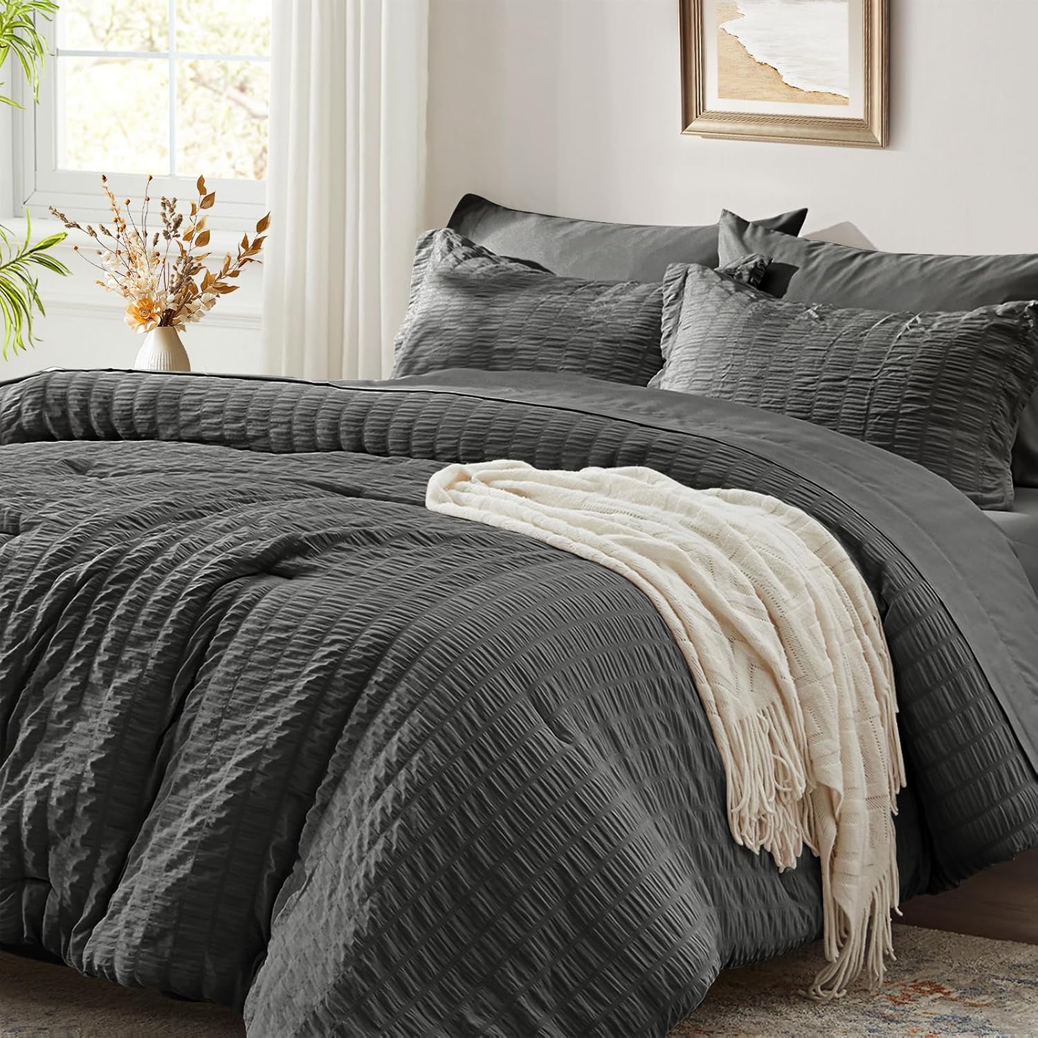 Zzlpp Queen Comforter Set 7 Pieces, Olive Green Seersucker Bed in a Bag with Comforter and Sheets, All Season Bedding Sets with 1 Comforter, 2 Pillow Shams, 2 Pillowcases, 1 Flat Sheet