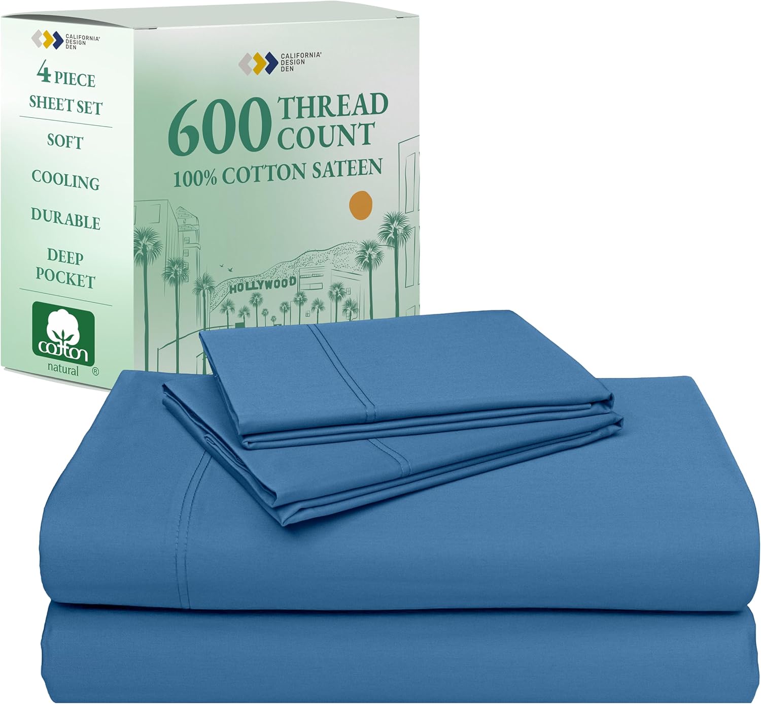 California Design Den Queen Sheet Set - Luxury 600 Thread Count Sateen, 100% Cotton Deep Pocket Queen Sheets with All Around Elastic, Snug Fit, Hotel Quality Bedding Set - White