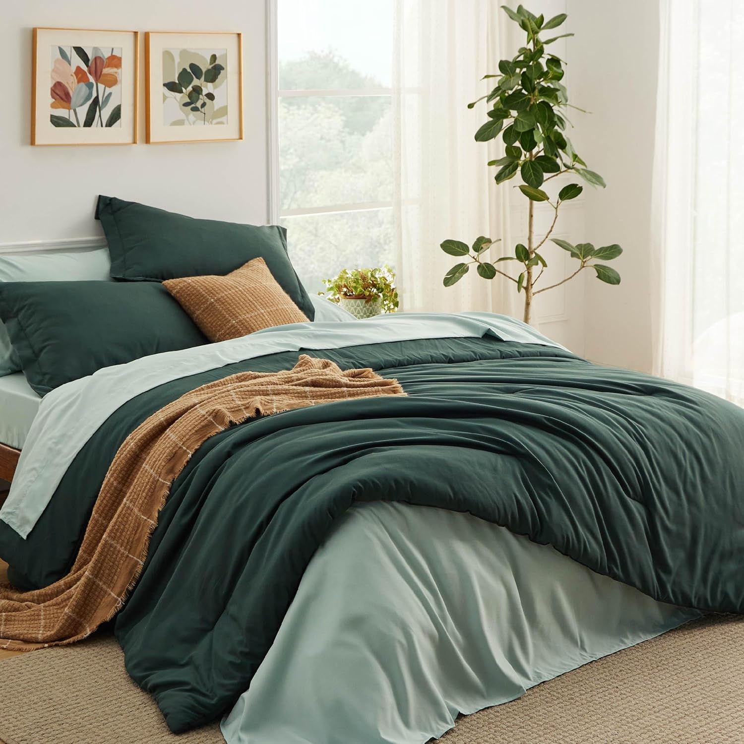 Bedsure Queen Comforter Set - 7 Pieces Grayish Blue Queen Bedding Set for All Seasons, Boho Contrasting Design Bed in a Bag with Comforter, Sheets, Pillowcases & Shams