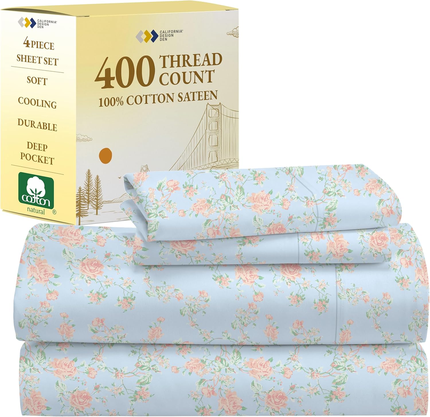 California Design Den King Size Sheets Set - Soft 400 Thread Count Sateen, Natural 100% Cotton Sheets King Size, Deep Pockets with All Around Elastic for a Snug Fit, Cool & Durable Bedding - White