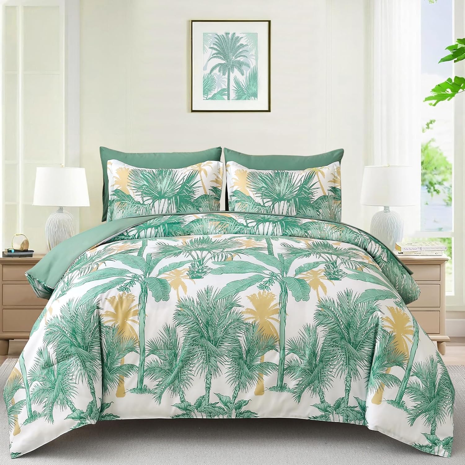 WONGS BEDDING Botanical Comforter Set Queen, 7 Pieces Blue Palm Tree Bed in a Bag, Reversiable Soft Microfiber Coastal Beach Bedding with Comforter, Flat Sheet, Fitted Sheet, Pillow Shams Pillowcases
