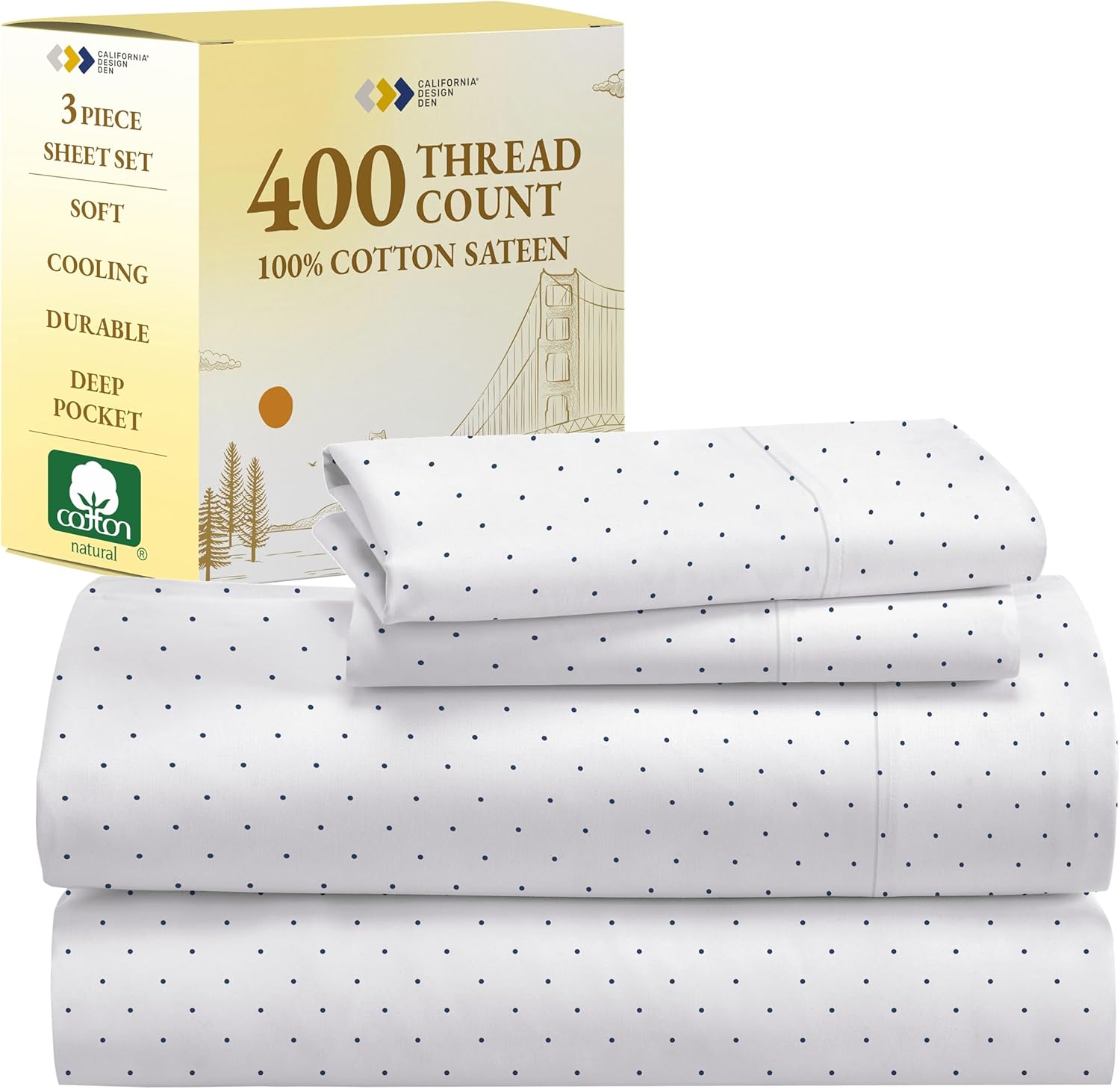 California Design Den King Size Sheets Set - Soft 400 Thread Count Sateen, Natural 100% Cotton Sheets King Size, Deep Pockets with All Around Elastic for a Snug Fit, Cool & Durable Bedding - White