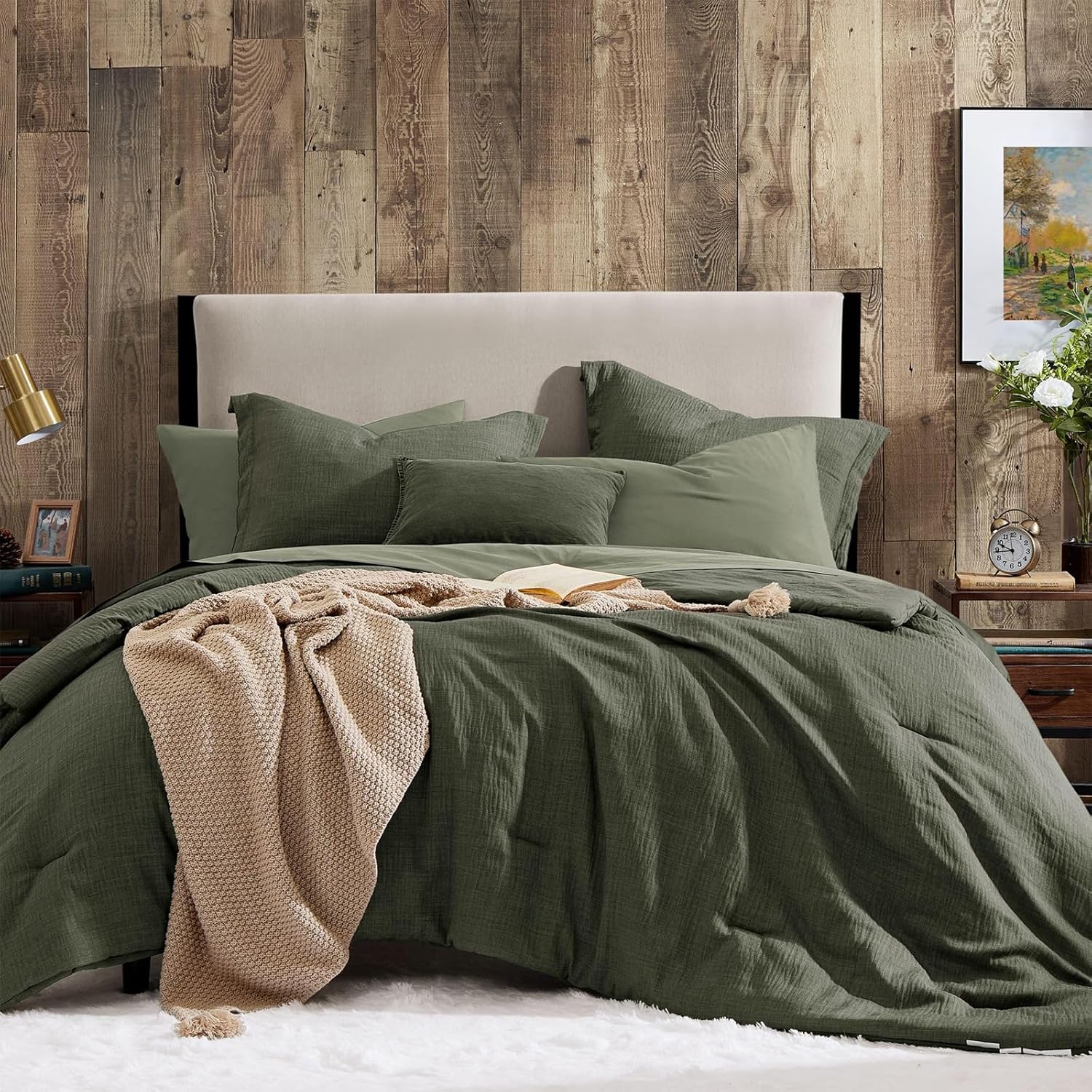 Geniospin King Comforter Set - 7 Pieces Comforter King Size, Soft Solid Bedding Set for All Season, Textured Bed in a Bag with Sheets, Pillowcases & Shams (Dark Green, 102''x90'')