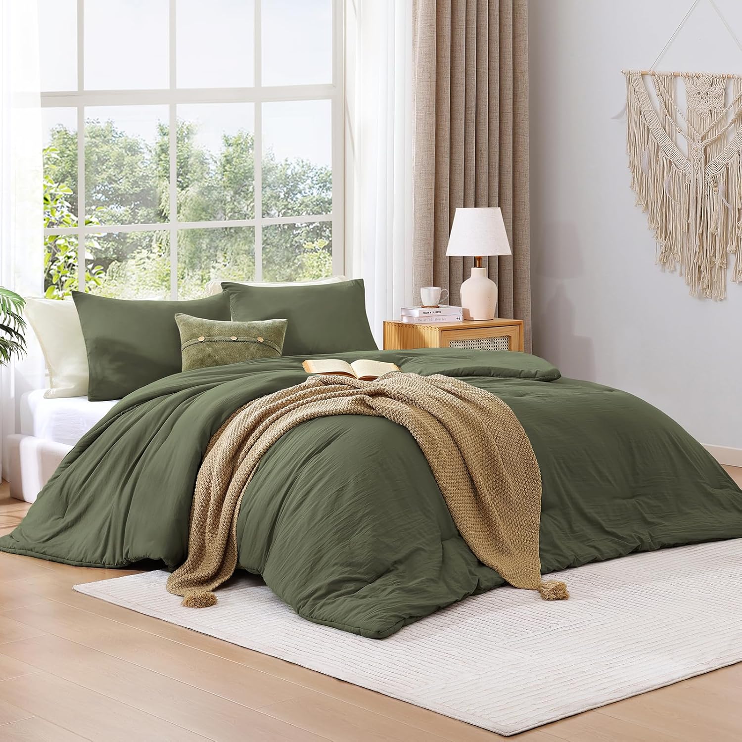 WRENSONGE King Size Comforter Set - 3 Pieces Olive Green Comforter Prewashed Soft Lightweight for All Seasons,Fluffy Down Alternative Comforter King Size with 2 Pillow Shams