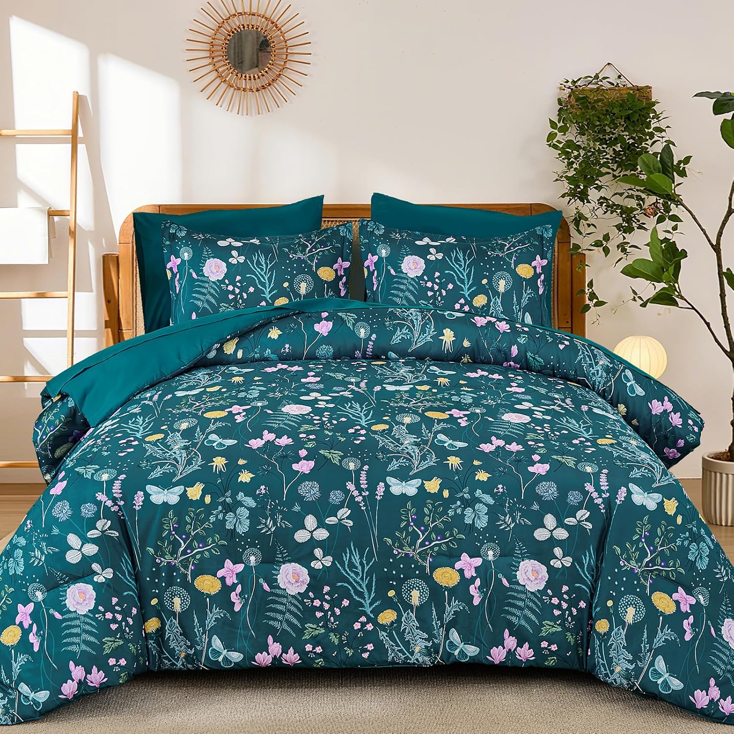 Yiran Queen Comforter Set 7 Piece, Dark Green Floral Bedding Set, Bed in a Bag Queen with Botanical Flowers Patterns, Soft Microfiber Complete Bedding Set with Sheets for All Season