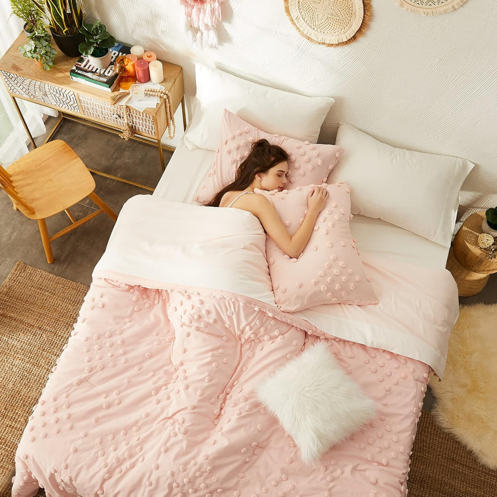 Geniospin Pink Twin/Twin XL Comforter Set for Girls- 5 Pieces Pom Tufted Bed in A Bag Twin Bedding Sets with Sheets, Pillowcases & Shams, All Season Kids Comforter Set