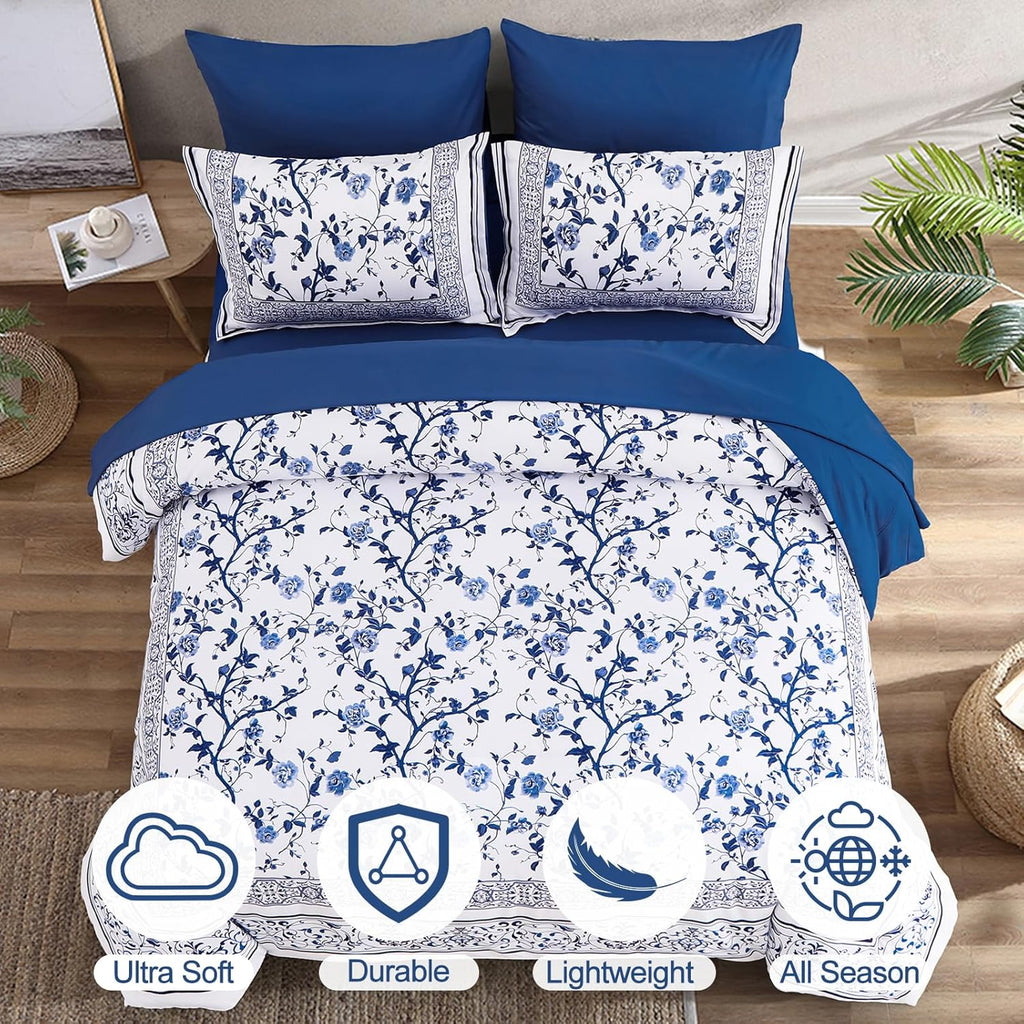 Dobuyly Floral Queen Comforter Set, 7 Piece Bed in a Bag Queen Size Blue Flowers on White Botanical Bedding Set, Soft Microfiber Bedding Comforter Sets with Sheets for All Season