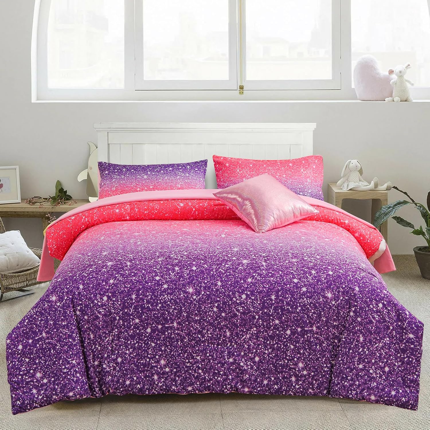 A Nice Night 6Pcs Gradient Glitter Bedding Set for Girls Full Size, Colorful Rainbow Galaxy Comforter Set, Ultra Soft Bedding Sets, Pink