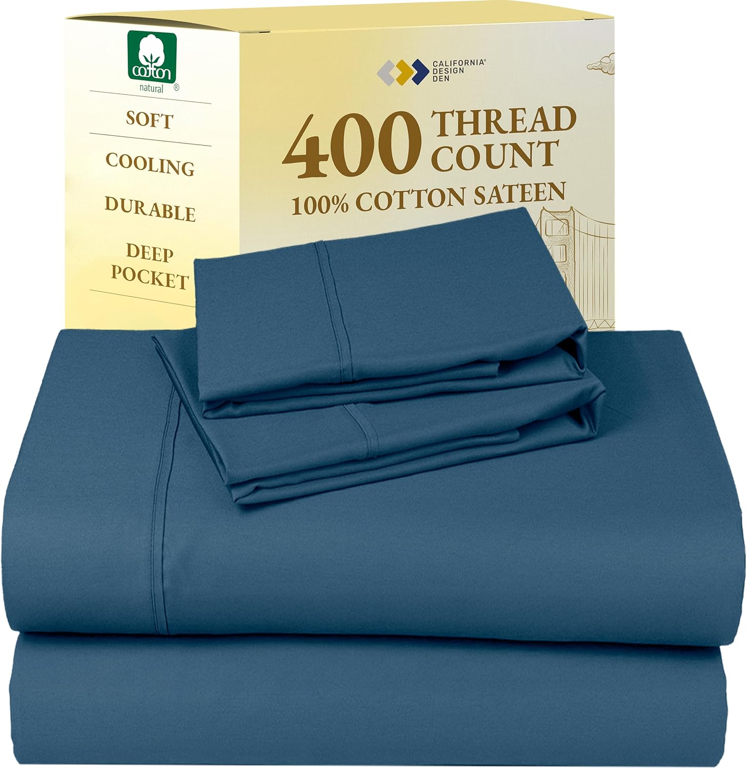 California Design Den King Size Sheets Set - Soft 400 Thread Count Sateen, Natural 100% Cotton Sheets King Size, Deep Pockets with All Around Elastic for a Snug Fit, Cool & Durable Bedding - White