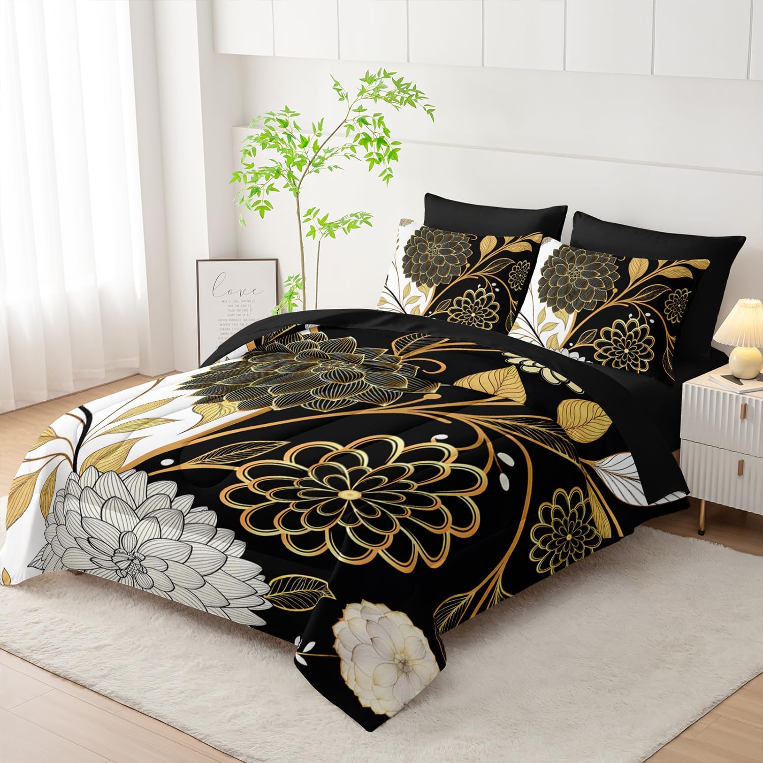 7pc Queen Comforter Set: Black & Gold Floral Bed in a Bag, Elegant Bedding with Sheets, Soft Microfiber, All Season Flower Design