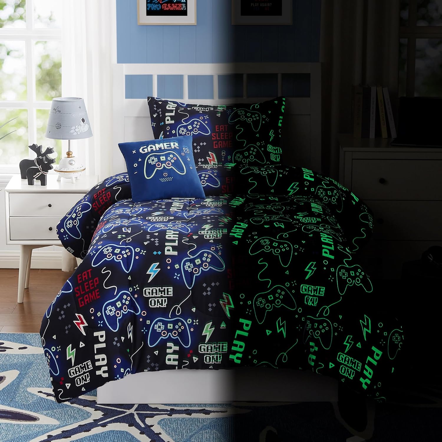 Kids Comforter Set Twin Size for Boys, Glow in The Dark Gamer Bedding Set 1 Comforter, 1 Decor Pillow, 1 Pillow Sham, Twin XL Comforter Set Dorm Bedding