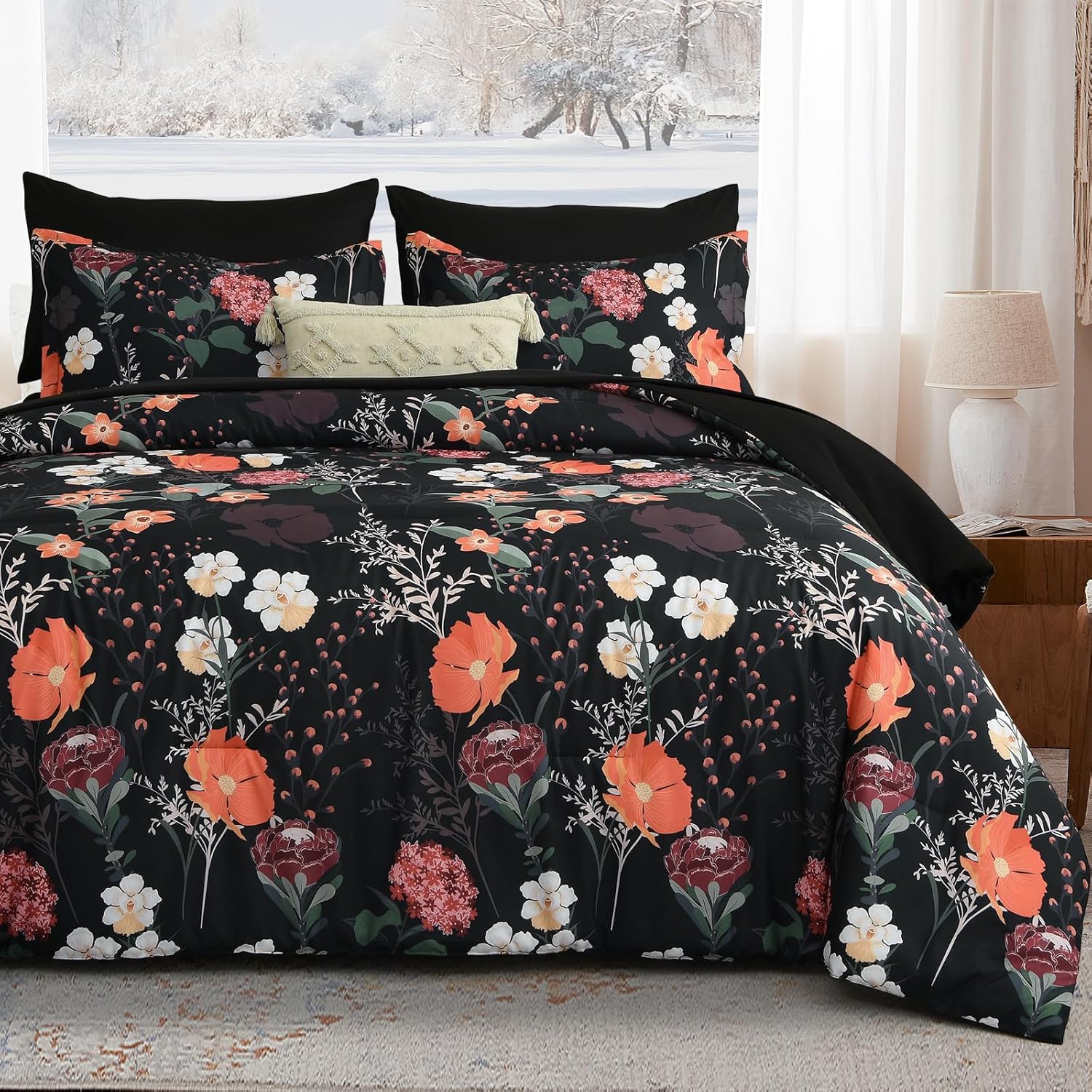 Yiran Queen Comforter Set 7 Piece, Dark Green Floral Bedding Set, Bed in a Bag Queen with Botanical Flowers Patterns, Soft Microfiber Complete Bedding Set with Sheets for All Season