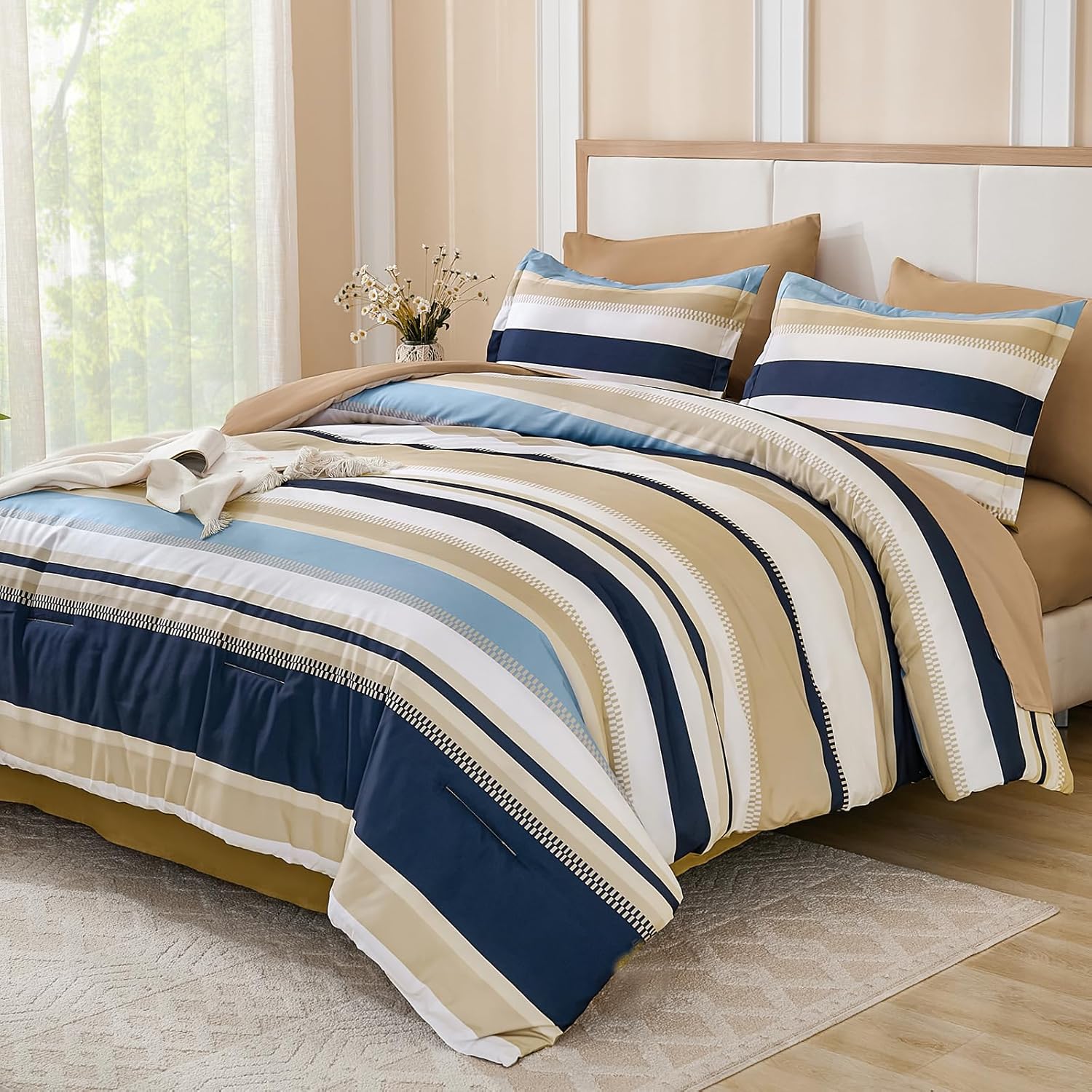 WONGS BEDDING Queen Comforter Set, 7 Pieces Blue Comforter Set Queen, Soft Striped Bed in a Bag Bedding Set with Comforter, Flat Sheet, Fitted Sheet, Pillow Shams, Pillowcase
