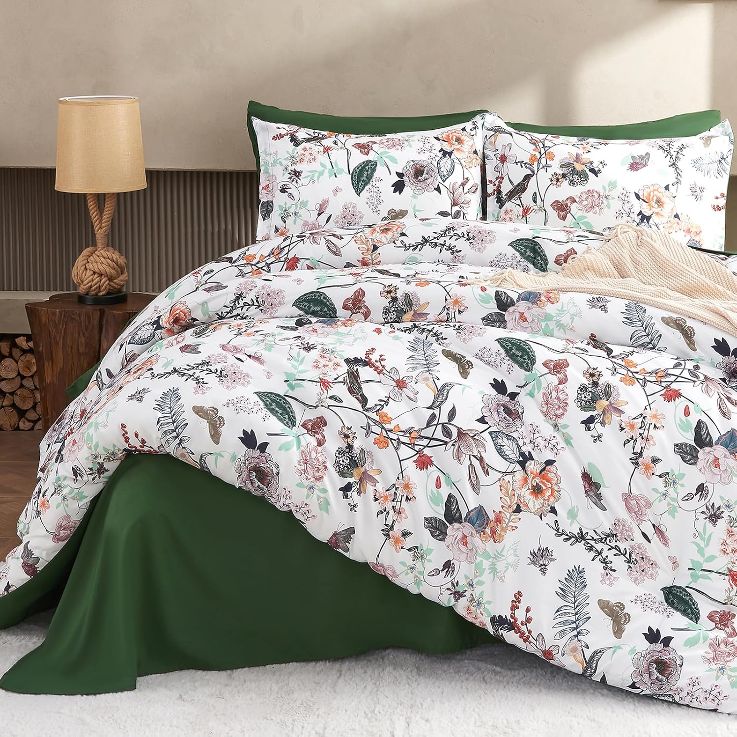 7 Piece Queen Comforter Set, Sage Green Butterfly Floral Comforter Set with Flowers Leaves Pattern, Soft Microfiber Complete Bedding Set for All Season(Sage Green, Queen)