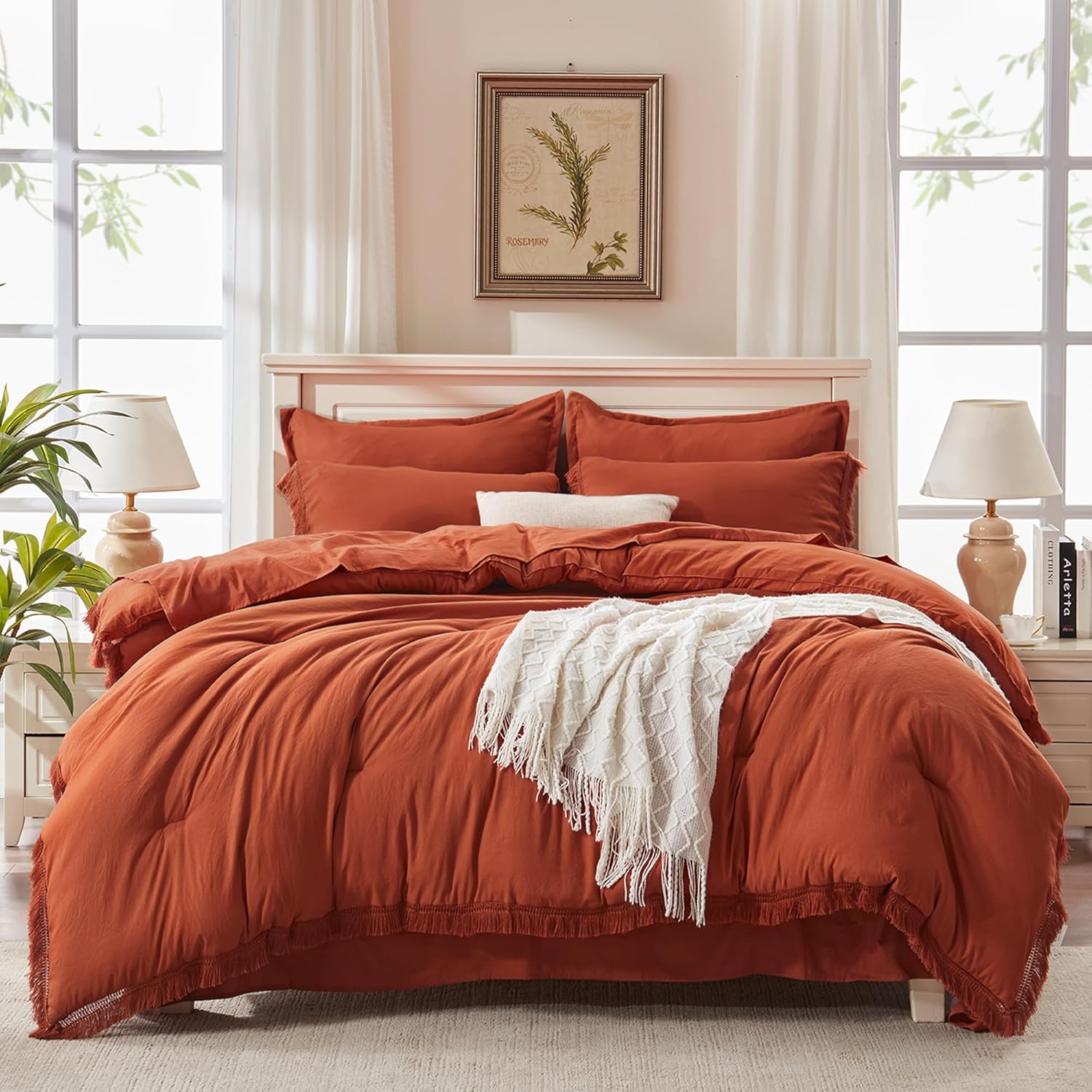 Andency Queen Comforter Set with Sheets Burnt Orange - 7 Pieces Boho Tassel Bed in a Bag Soft Lightweight Bedding Sets, Terracotta Rust Fringe Bed Set with Comforter, Sheets, Pillowcases & Shams
