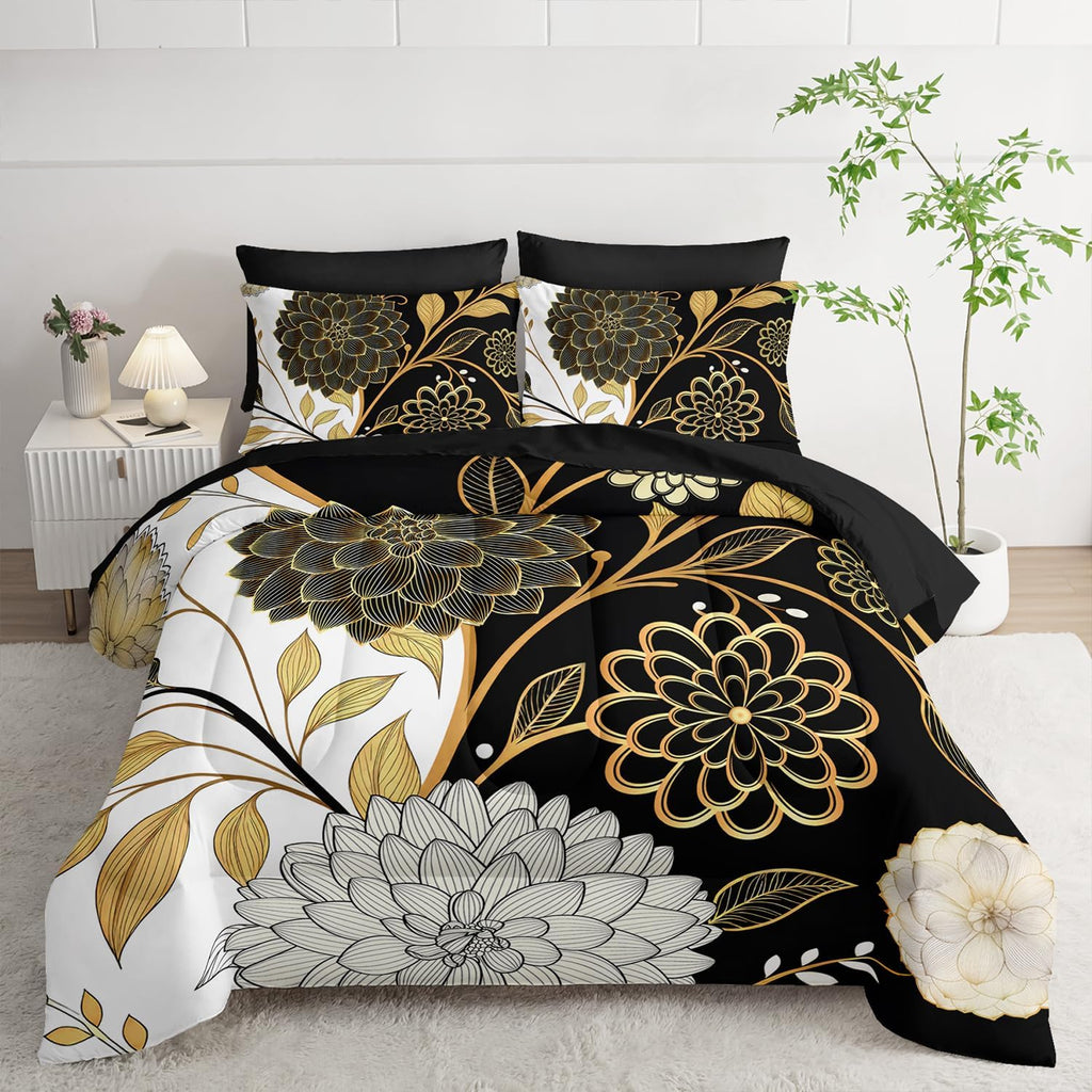 7pc Queen Comforter Set: Black & Gold Floral Bed in a Bag, Elegant Bedding with Sheets, Soft Microfiber, All Season Flower Design