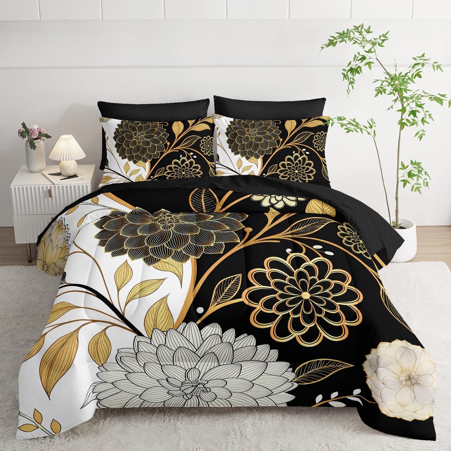 7pc Queen Comforter Set: Black & Gold Floral Bed in a Bag, Elegant Bedding with Sheets, Soft Microfiber, All Season Flower Design