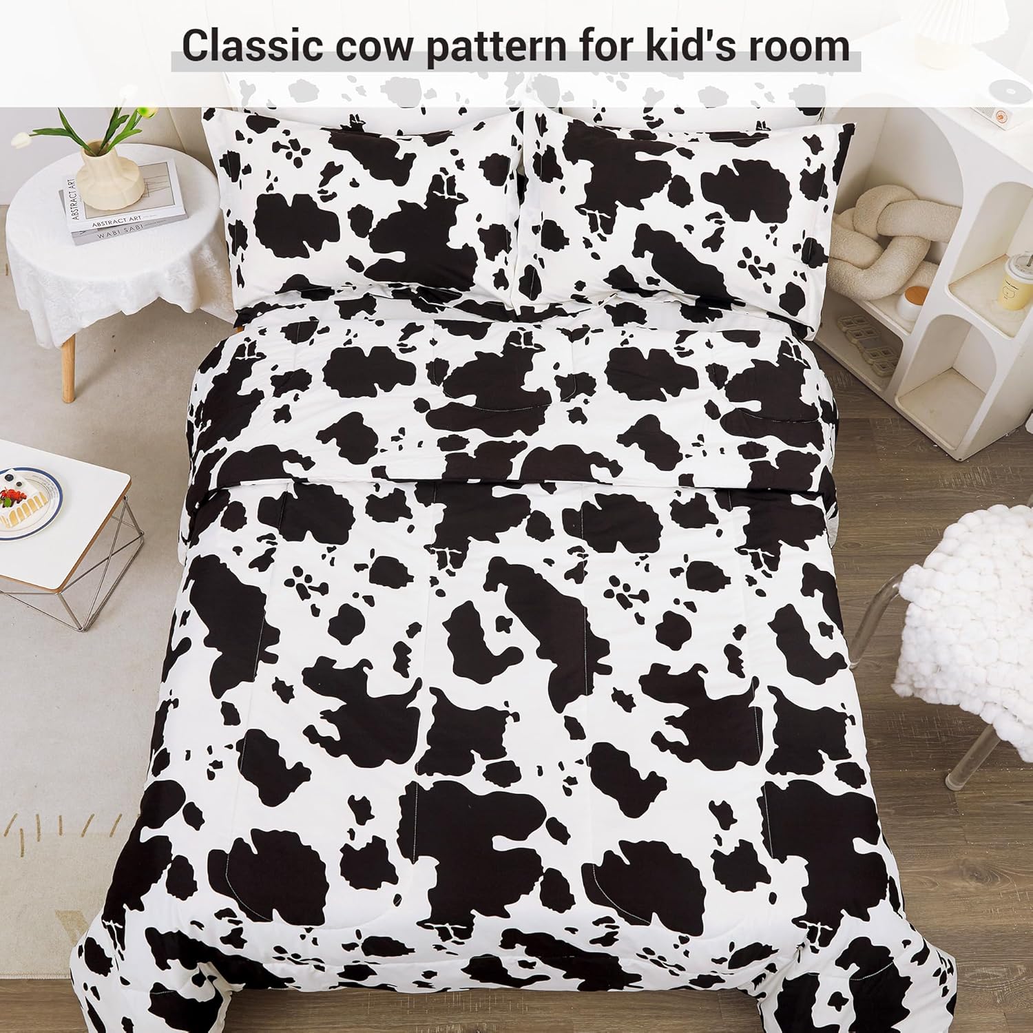 Viviland Kids Twin Bedding Sets for Girls, Boys Soft Twin Comforter Set with Sheets, 5 Pieces Microfiber Bed in a Bag, Cow Animal