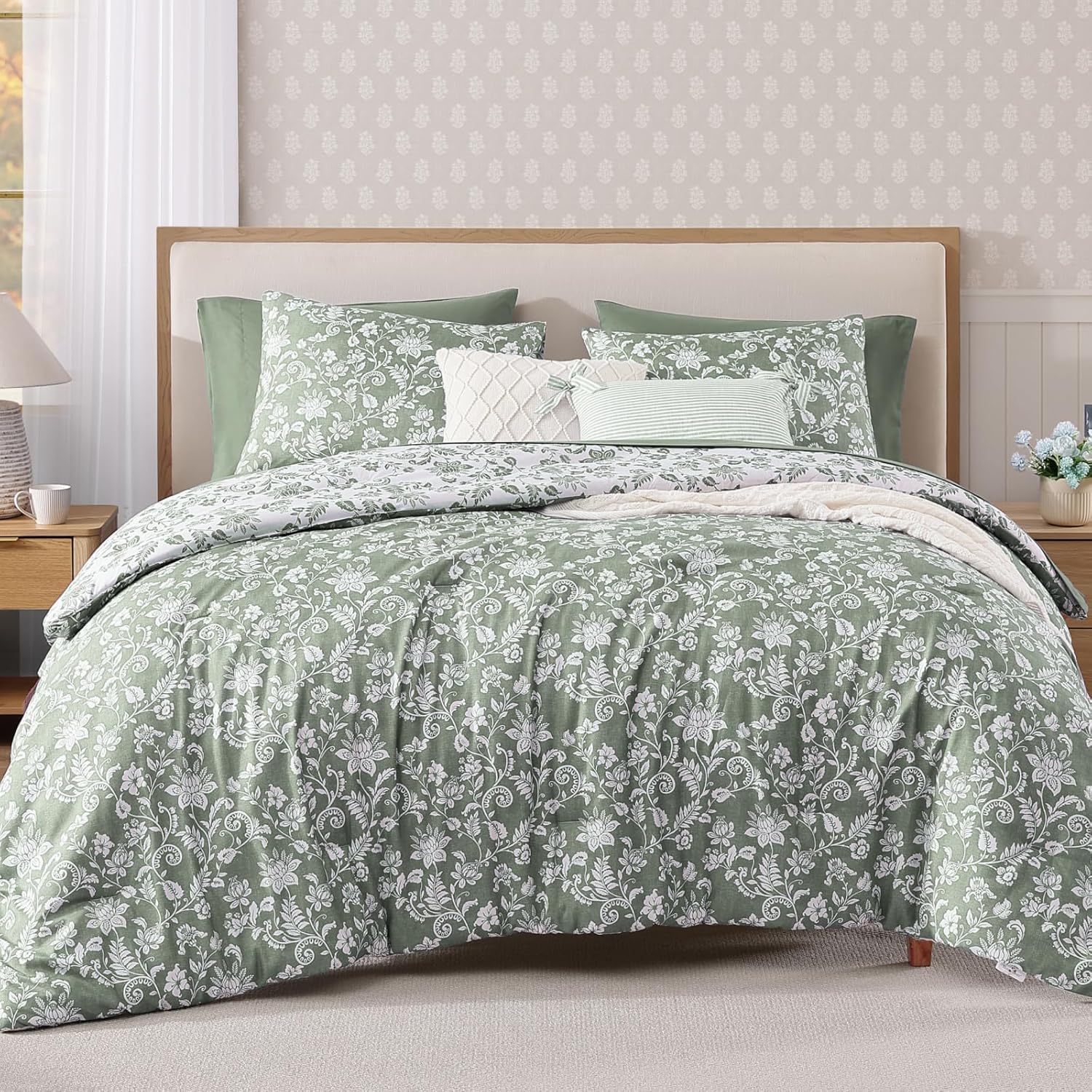 Queen Comforter Set -7 Pieces Pink Floral Comforter Set for All Seasons, Bed in a Bag Queen with Botanical Flowers Comforter, Sheets, Pillowcases & Shams
