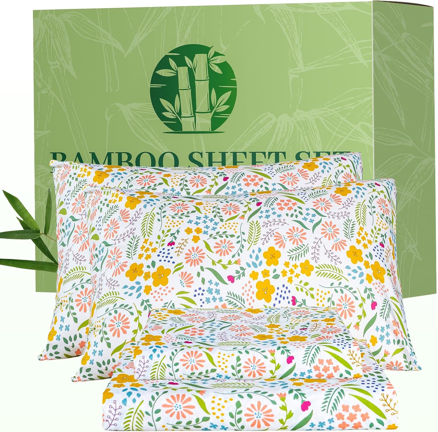 Bedlifes Queen Sheet Set Ultra Soft Breathable Silky Flower Bed Sheets Deep Pocket 100% Microfiber Bedding Sheets 4 Piece Queen Size Floral Spring