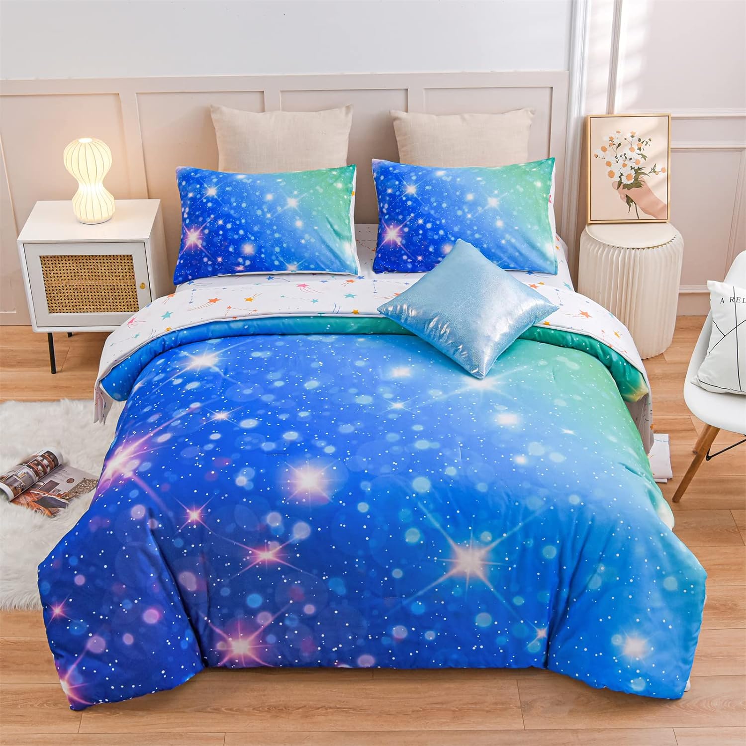 A Nice Night 6Pcs Gradient Glitter Bedding Set for Girls Full Size, Colorful Rainbow Galaxy Comforter Set, Ultra Soft Bedding Sets, Pink