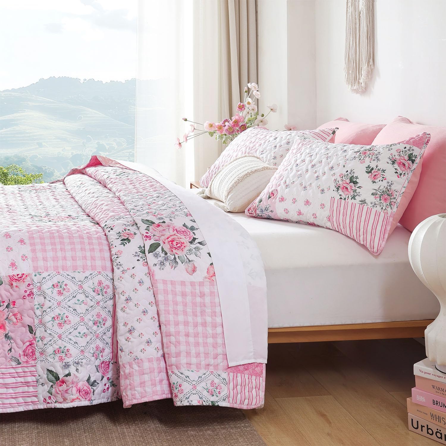 YIKUSH Quilt Sets Queen Size Floral Quilt Set 3 Pieces Bedding Set Bedspreads Pink Comforter Blanket with 2 Pillow Cases- Ultra Soft Floral Coverlet with Printed Pattern 90in.x 90in