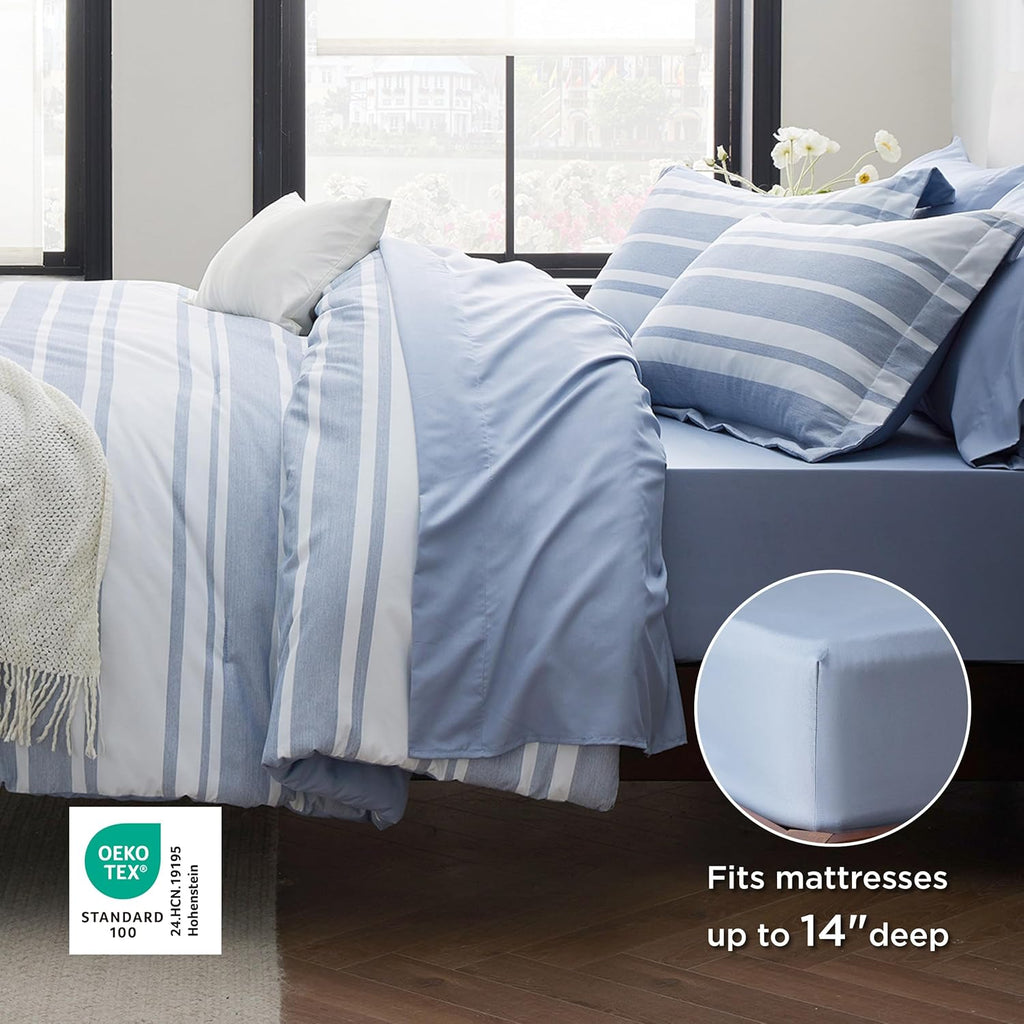 Bedsure Queen Comforter Set 7 Pieces, Blue Striped Bedding Set for All Seasons, Reversible, Cationic Dyeing Bed in a Bag with Comforter, Sheets, Pillowcases & Shams