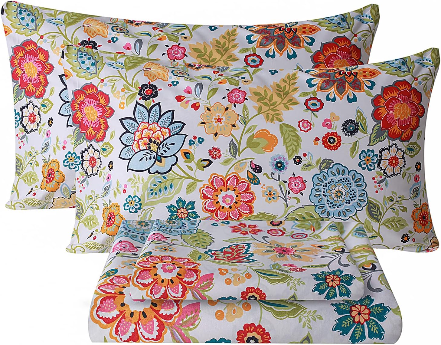 Bedlifes Queen Sheet Set Ultra Soft Breathable Silky Flower Bed Sheets Deep Pocket 100% Microfiber Bedding Sheets 4 Piece Queen Size Floral Spring