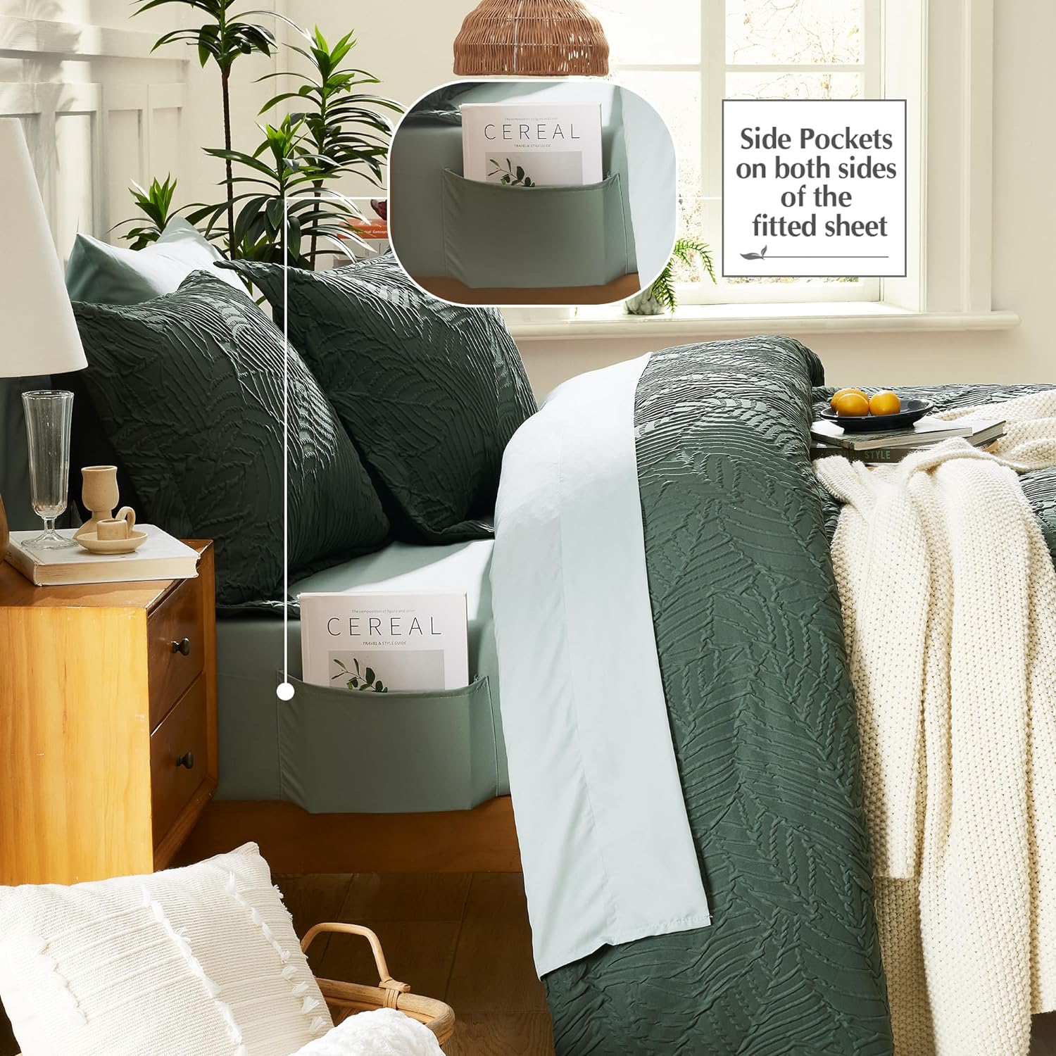 Geniospin Queen Comforter Set - 7 Pieces Dark Green Bedding Set, Botanical Textured Comforter Bed Set, All Season Lightweight Bed in a Bag with Comforter, Sheets, Pillowcases & Shams