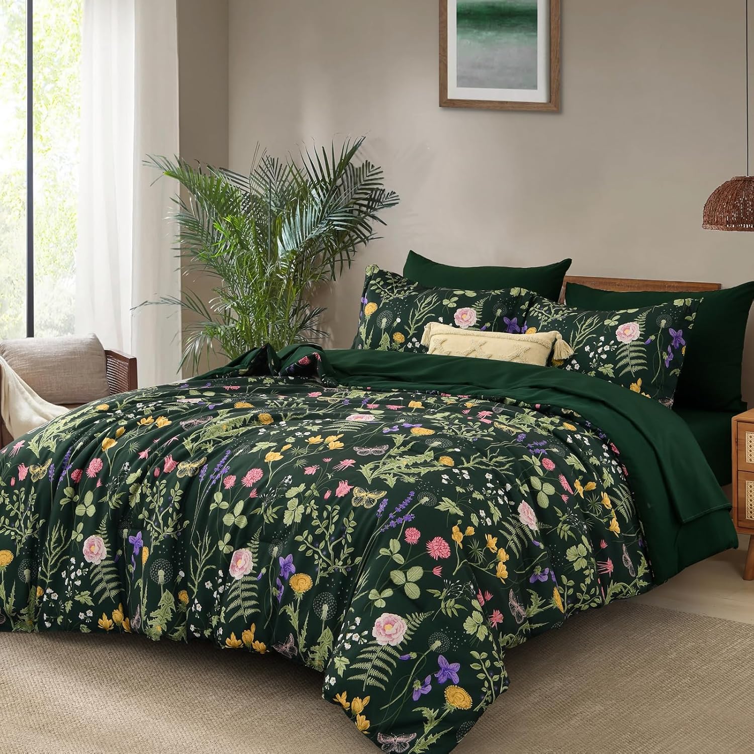 Yiran Queen Comforter Set 7 Piece, Dark Green Floral Bedding Set, Bed in a Bag Queen with Botanical Flowers Patterns, Soft Microfiber Complete Bedding Set with Sheets for All Season