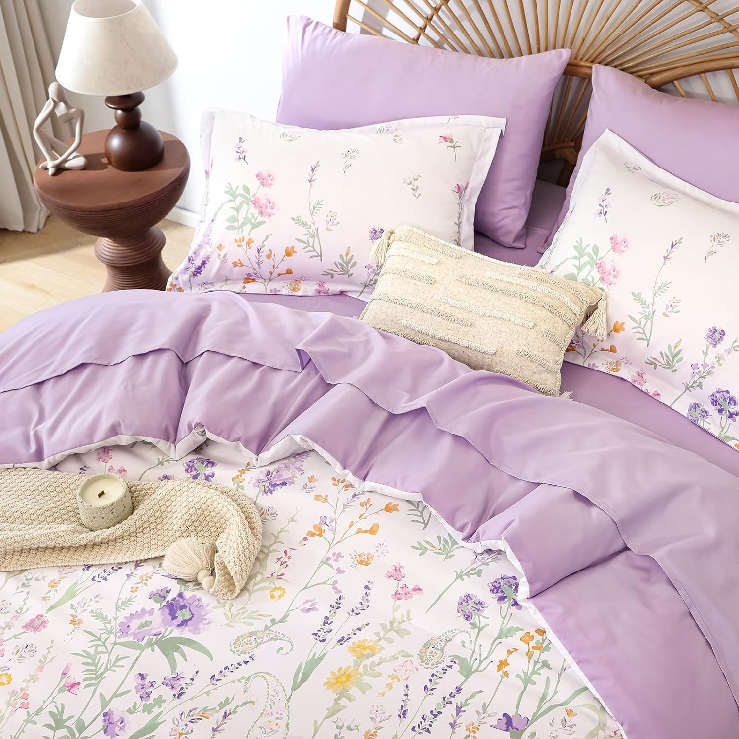 Yiran Purple Watercolour Floral Comforter Set Queen Size, 7 Piece Cute Botanical Lavender Comforter Bedding Set, Bed in a Bag Queen, Soft Microfiber Complete Bedding Set with Sheets for All Season