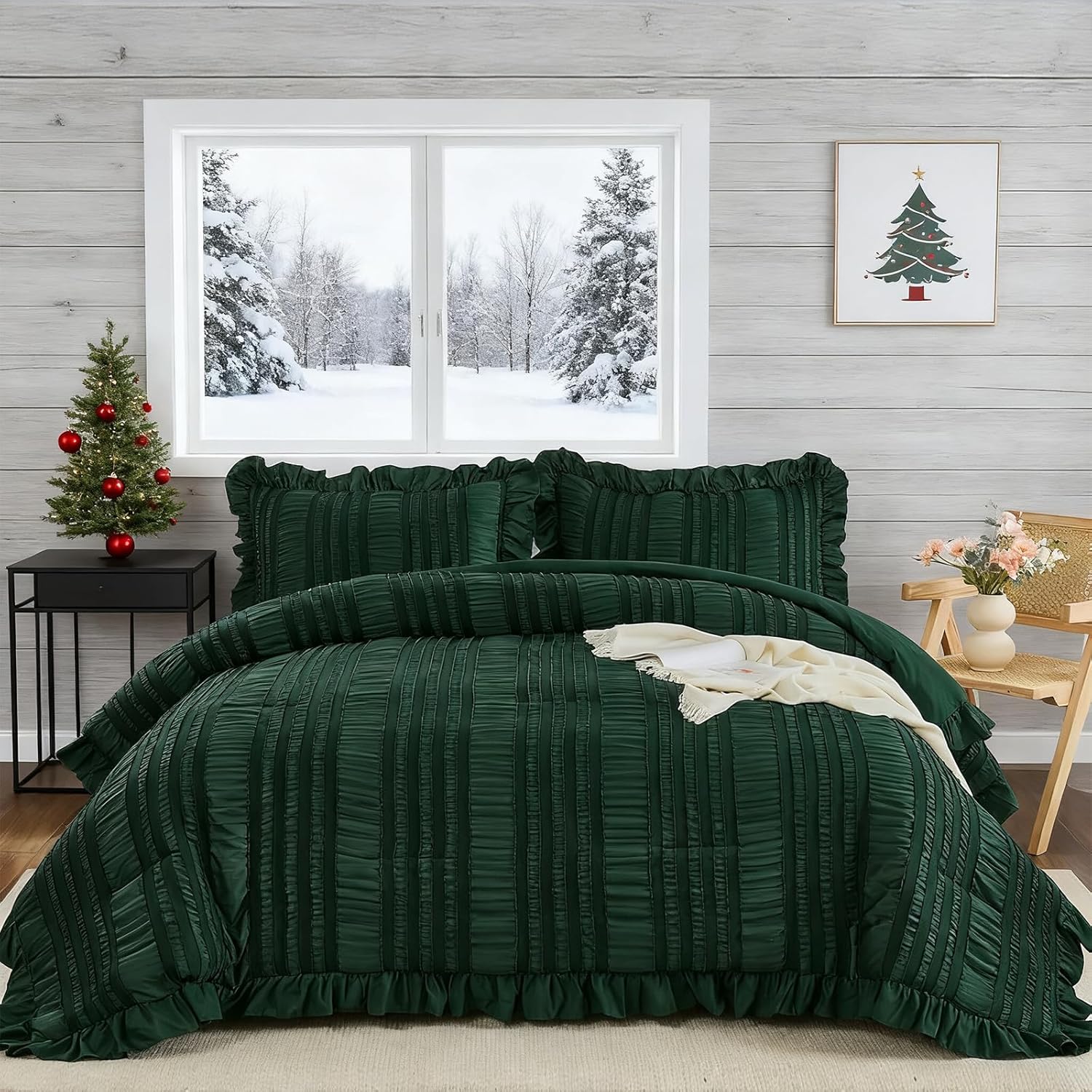 WONGS BEDDING White Queen Comforter Set,Boho Ruffle Comforter for Queen Bed,Soft Seersucker Shabby Chic Bedding Set with 1 Comforter,2 Tufted Pillowcases 90"×90"