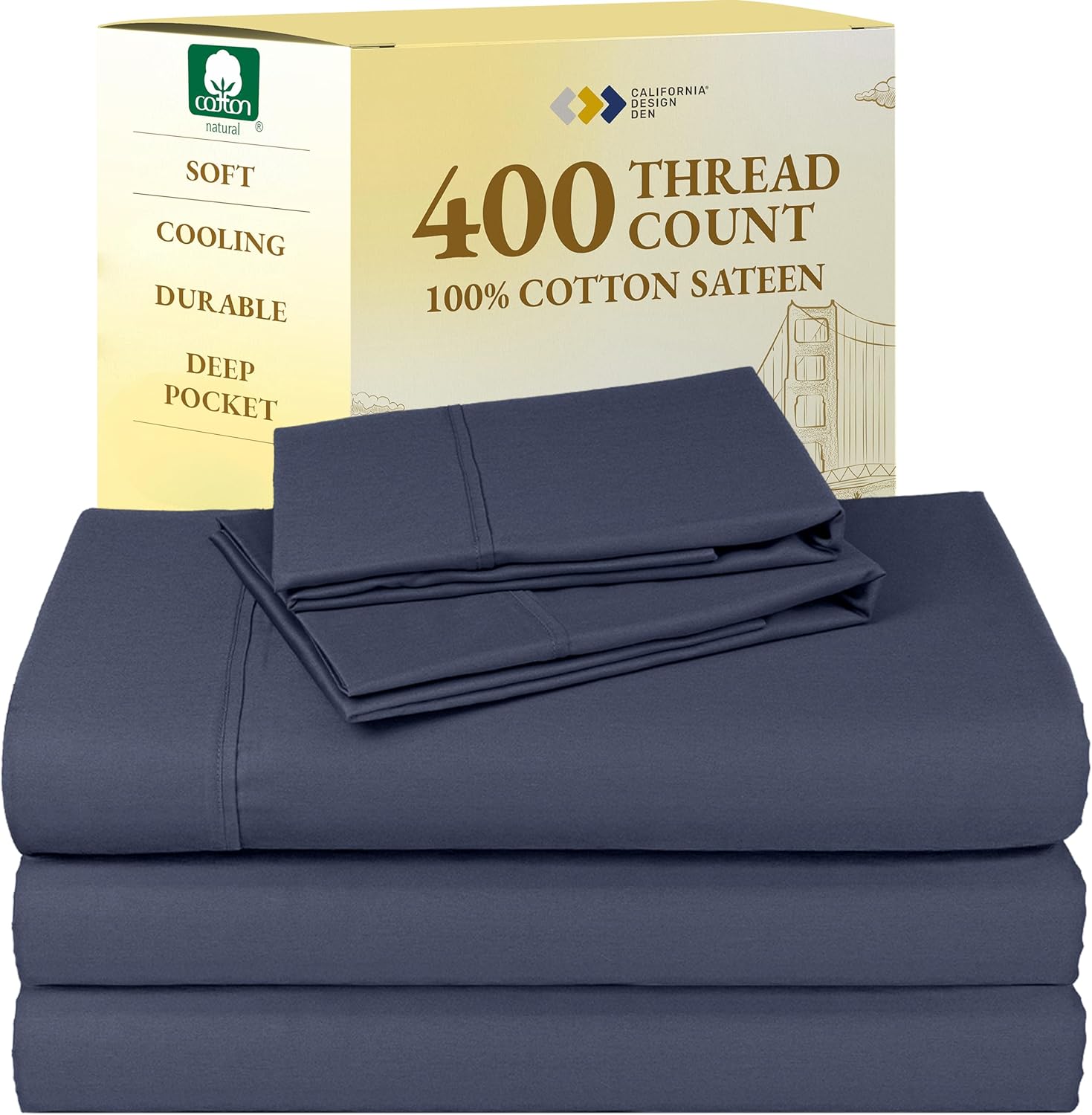 California Design Den King Size Sheets Set - Soft 400 Thread Count Sateen, Natural 100% Cotton Sheets King Size, Deep Pockets with All Around Elastic for a Snug Fit, Cool & Durable Bedding - White