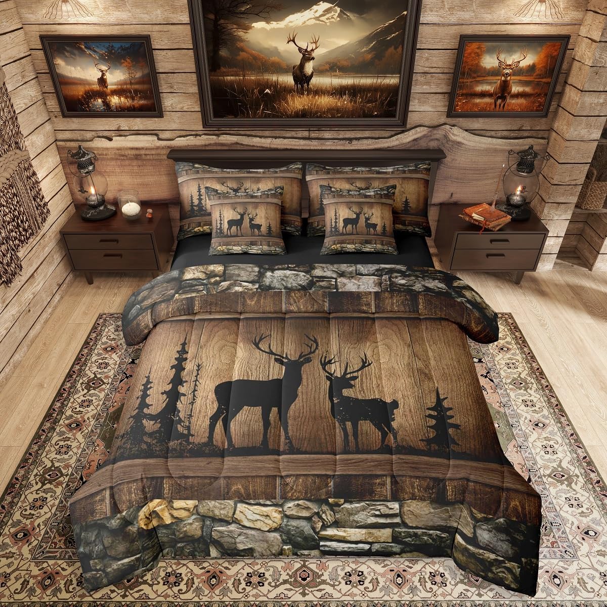 Erosebridal 7 Piece Camo Mallard Duck Comforter Set with Sheets for Kids Boys Men Rustic Farmhouse Cabin Bed in A Bag Queen,Hunting Woodland Duck Bedding Set Country Wood Board Animal Bed Set