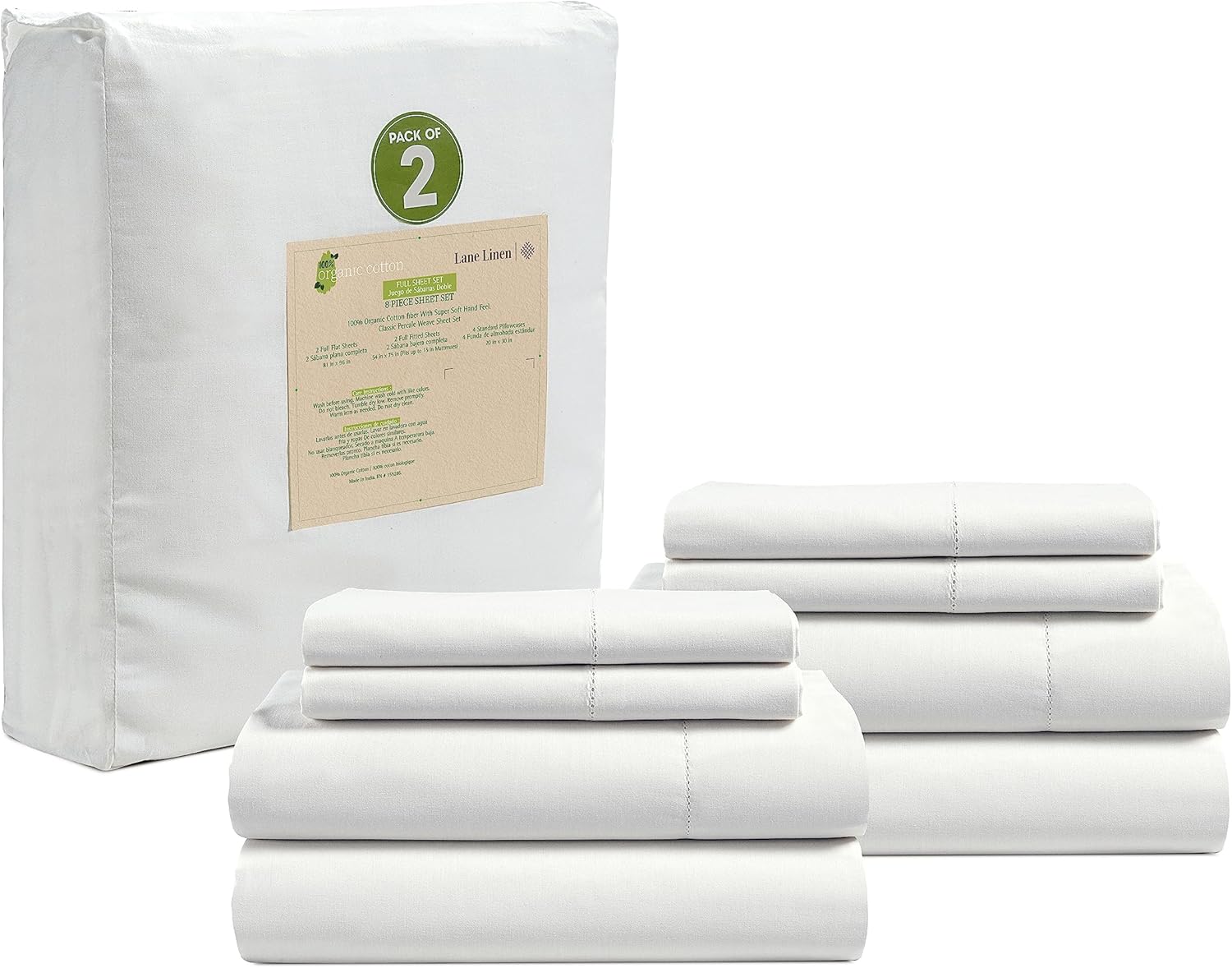 LANE LINEN 100% Organic Cotton King Size Sheets Set, Soft & Comfy All Season Breathable Sheets King Size, Percale Weave Fully Elasticized Eco Friendly Naturally Cooling King White Bed Sheets