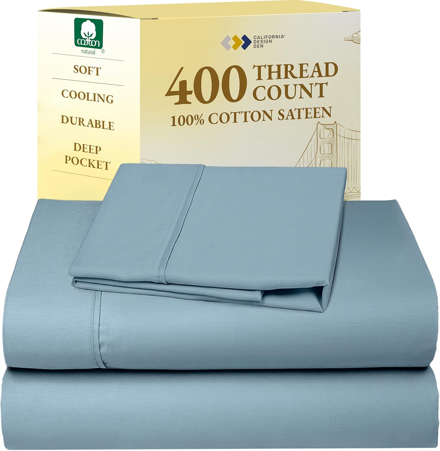 California Design Den King Size Sheets Set - Soft 400 Thread Count Sateen, Natural 100% Cotton Sheets King Size, Deep Pockets with All Around Elastic for a Snug Fit, Cool & Durable Bedding - White