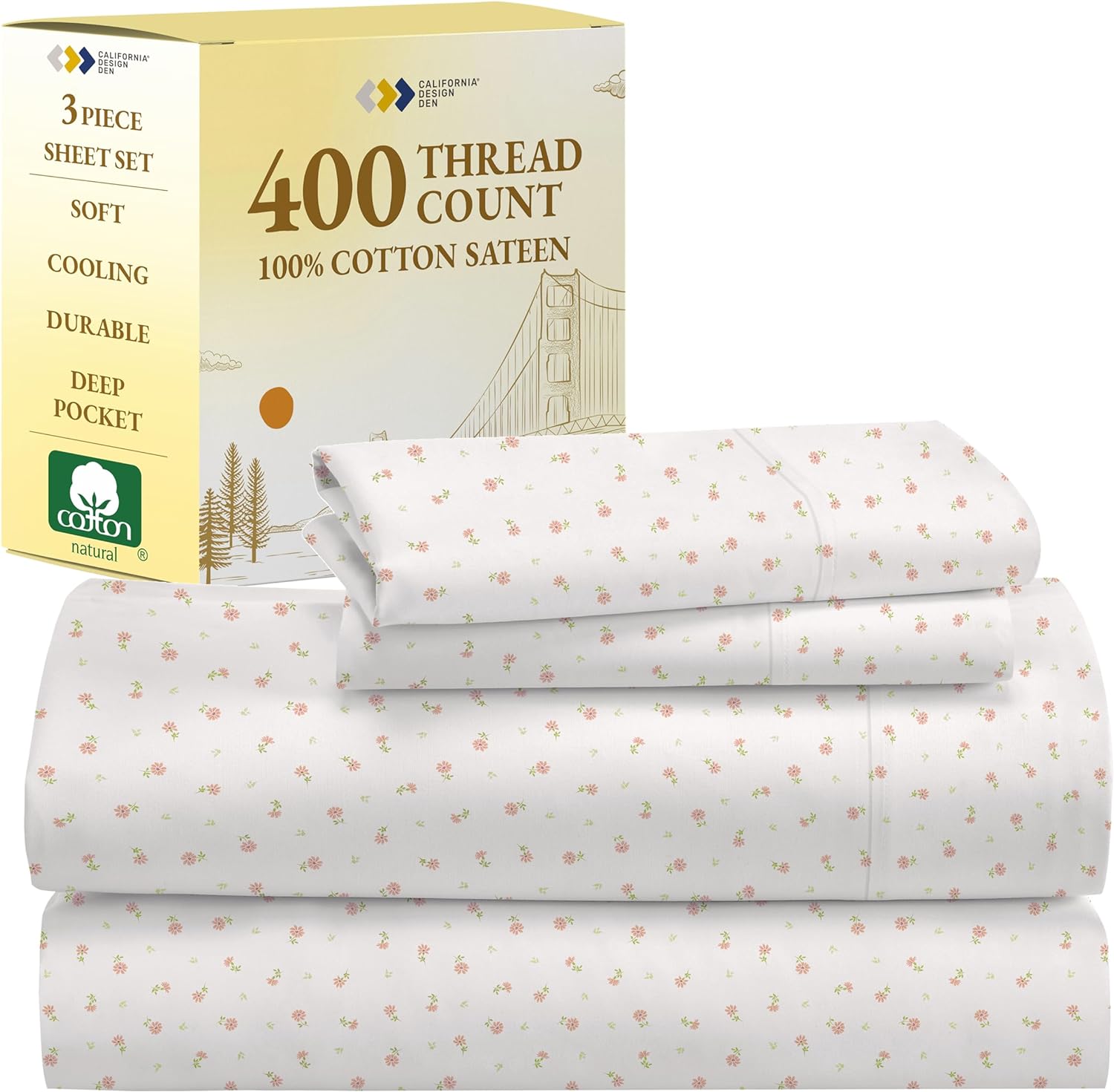 California Design Den King Size Sheets Set - Soft 400 Thread Count Sateen, Natural 100% Cotton Sheets King Size, Deep Pockets with All Around Elastic for a Snug Fit, Cool & Durable Bedding - White