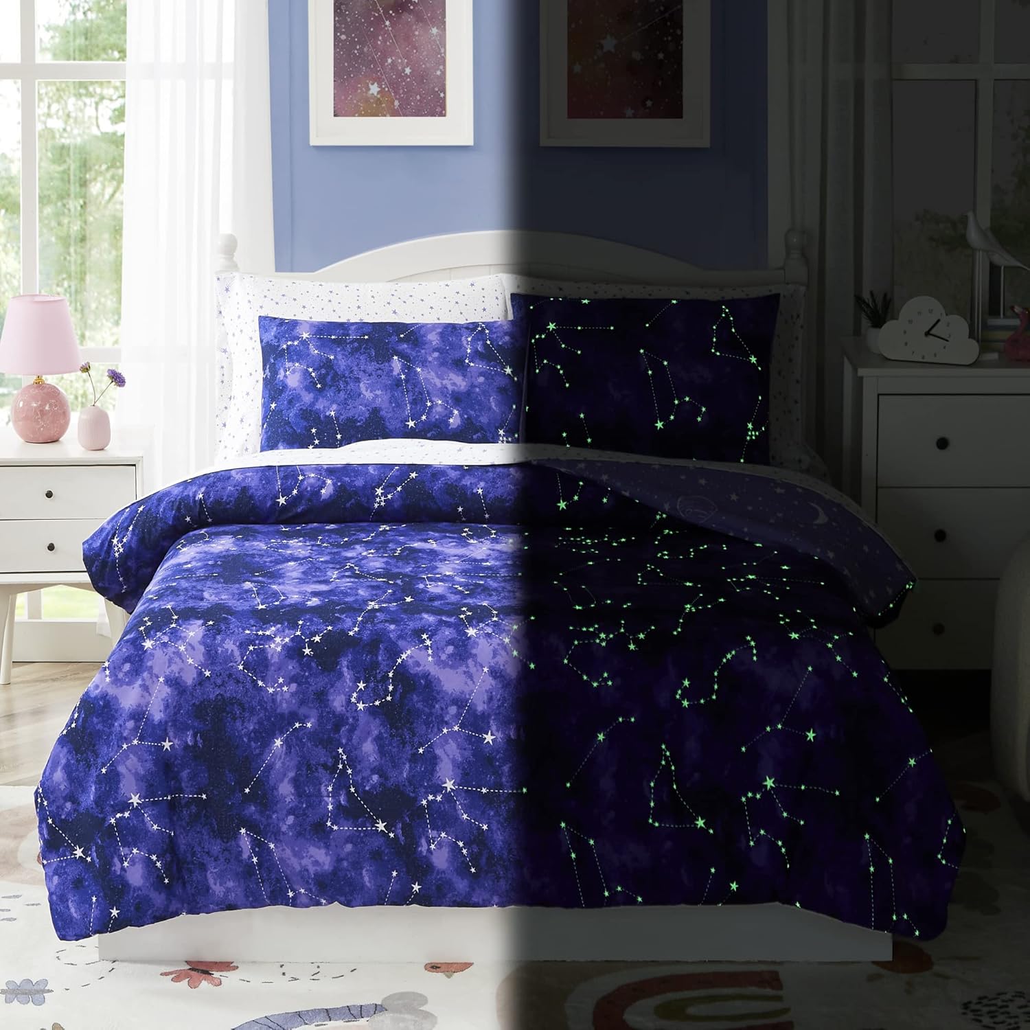 Twin Kids Comforter Set - 5 Pieces Twin Bedding Sets for Boys, Glow in The Dark Space Bed in A Bag with Sheets
